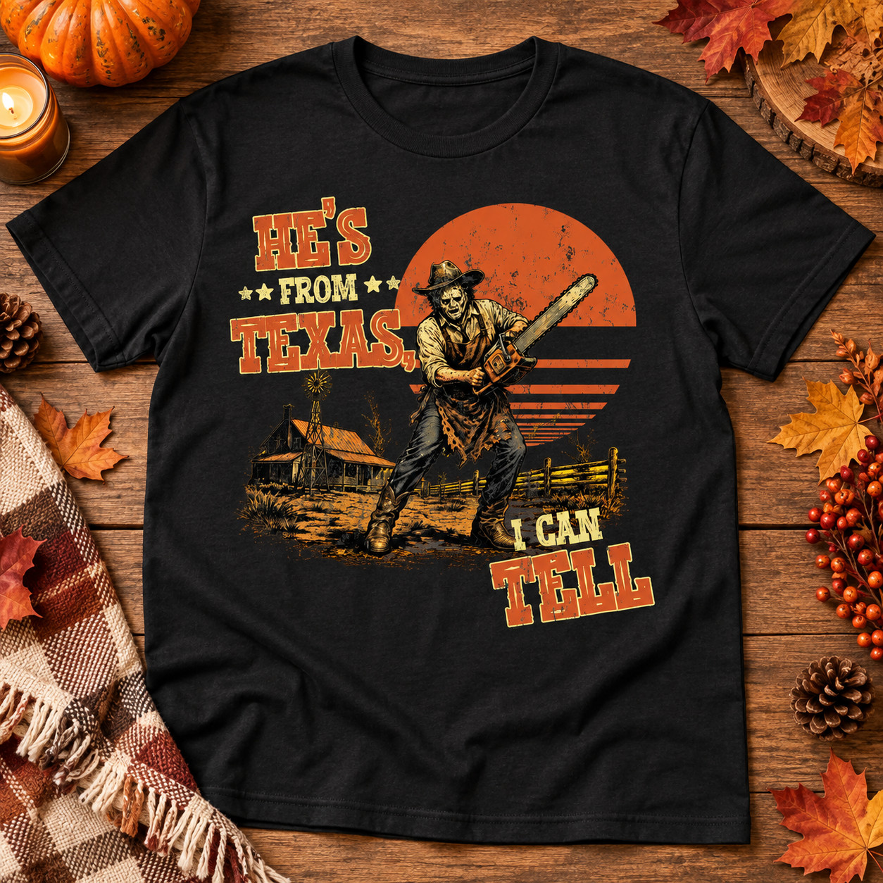 Hes From Texas Shirt Vintage Horror Slasher Unisex Graphic Black Tee