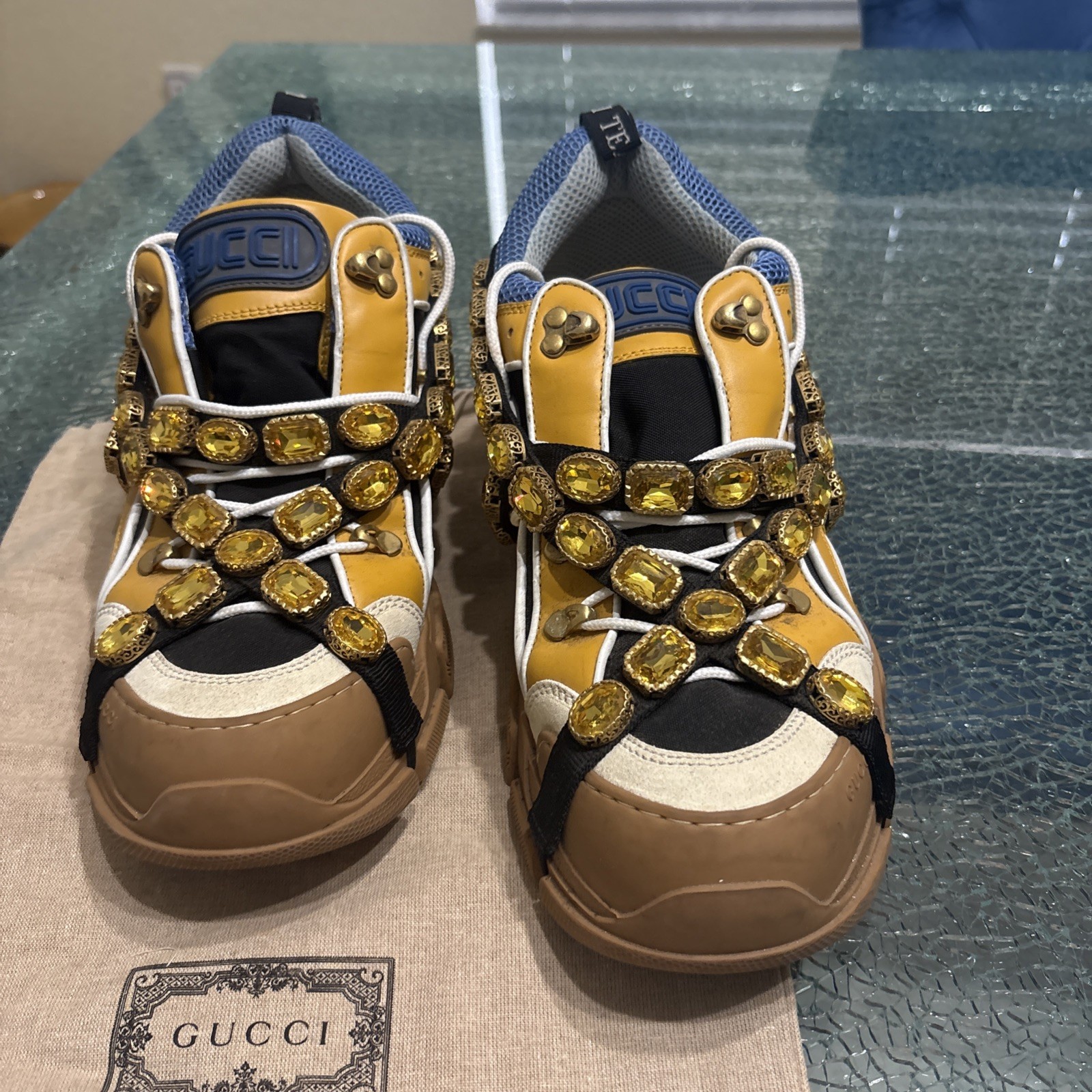 GUCCI Flashtrek Leather Crystal Sneaker “Tan” Men’s Size 11