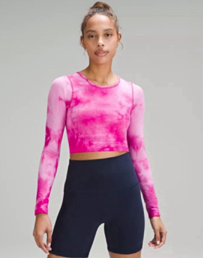 Lululemon Ebb to Street Pink/White Tie Dye Cropped Long Sleeve