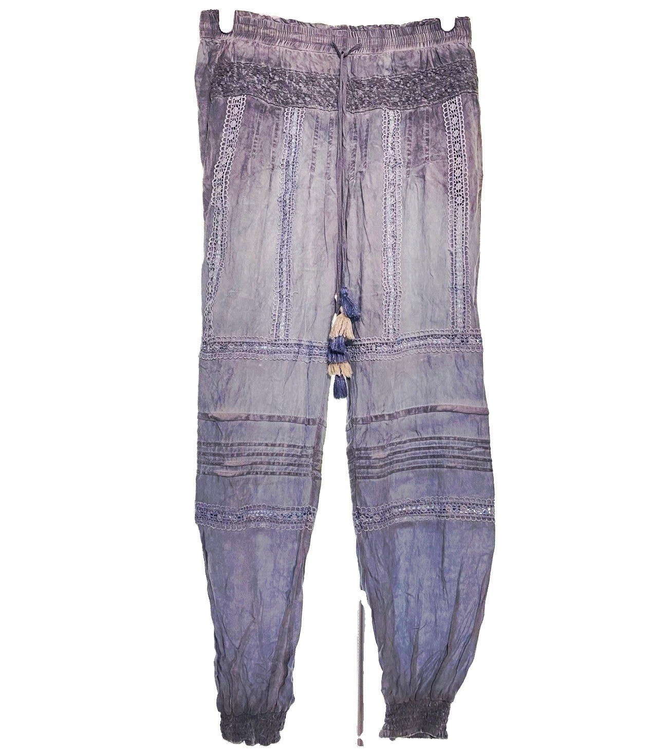 Women’s Surf Gypsy Gray Boho Jogger Pants Lace Tassel Elastic Drawstring - Small