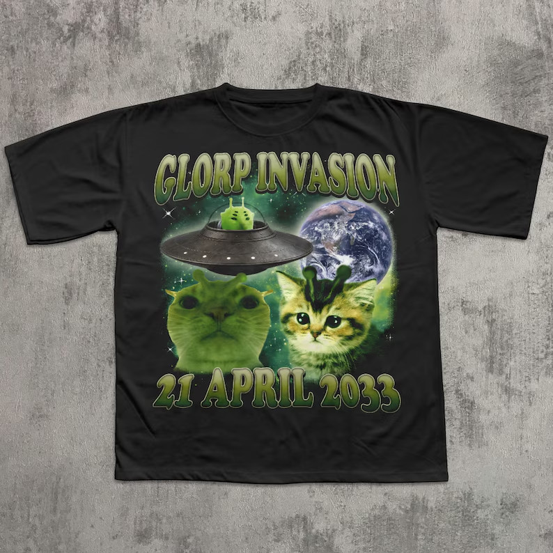 Glorp Invasion Funny Alien Cat T-shirt Cats Lover Meme Tee Brainrot Kitten