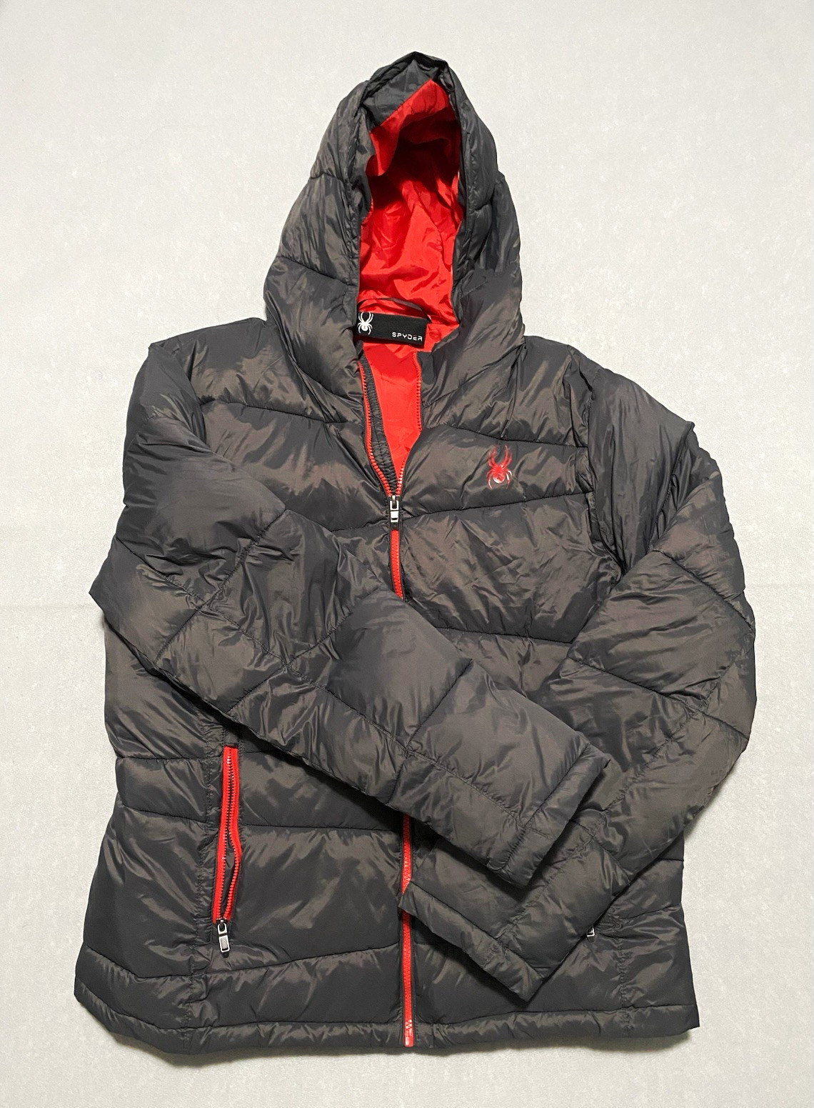 Spyder Unisex L Black/Red Hooded Puffer Jacket Full Zip Ski/Snowboard