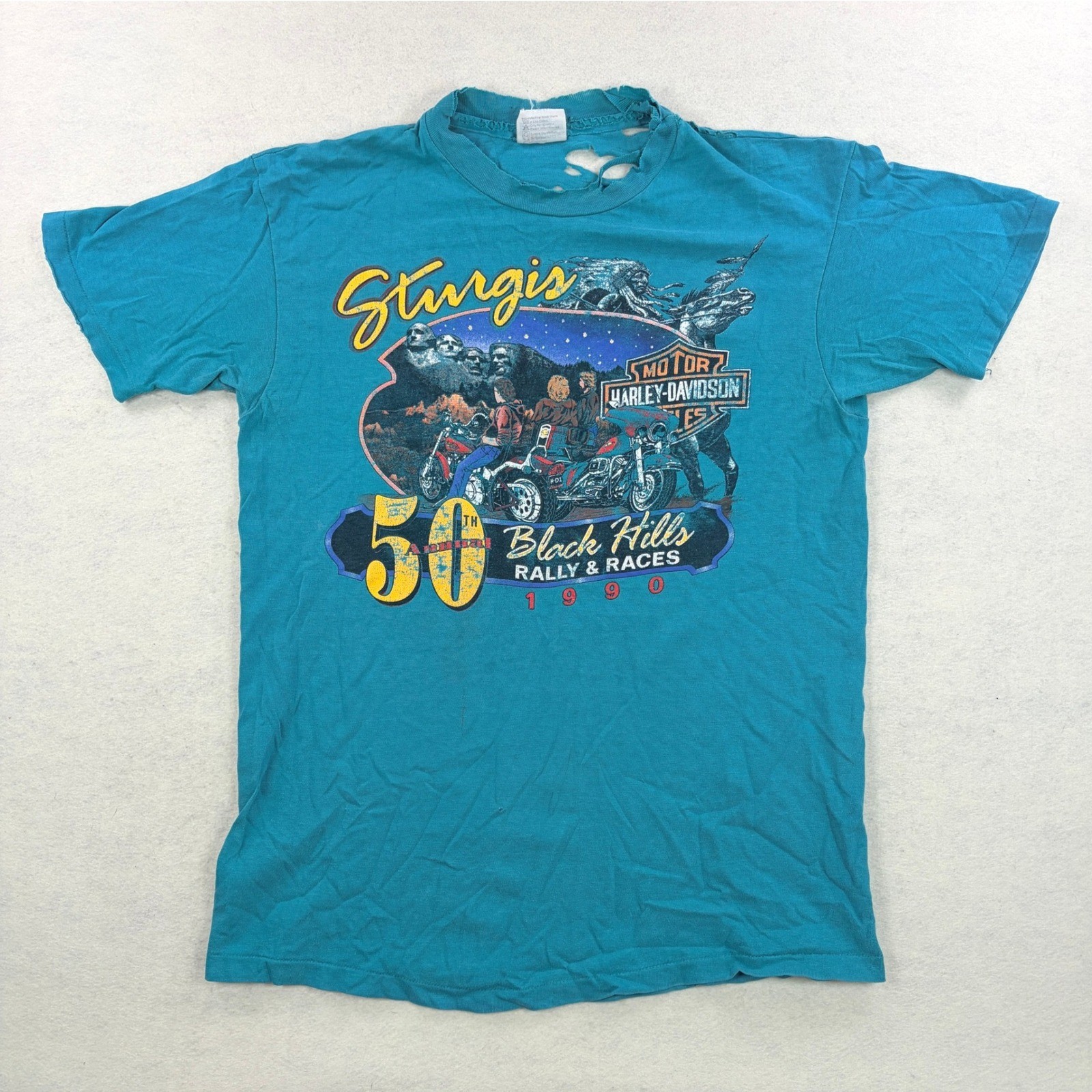 Vintage 1990 Harley Davidson Sturgis 50th Anniversary T Shirt Teal Hanes L Dist