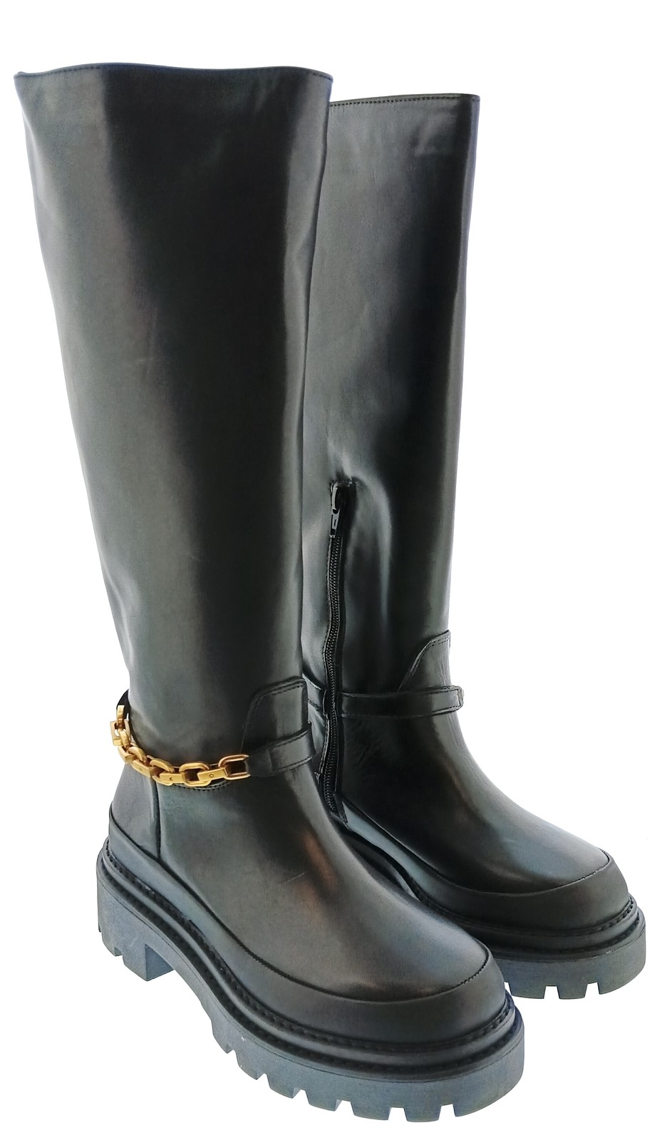 Pinko Women\'s Black Chain-Trim Knee-High Lug Boots-