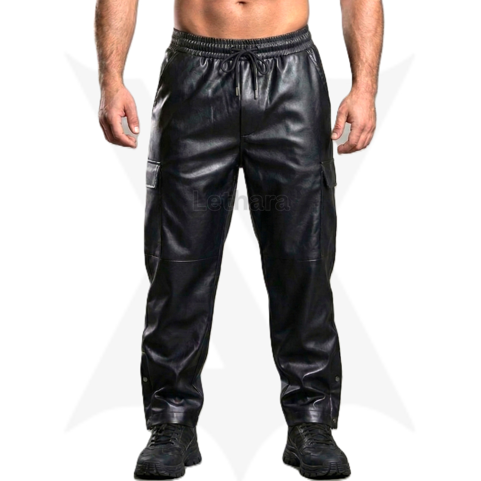 Soft Cow Leather Cargo Pants Men Baggy Fit Bootcut Trousers 6 Pockets