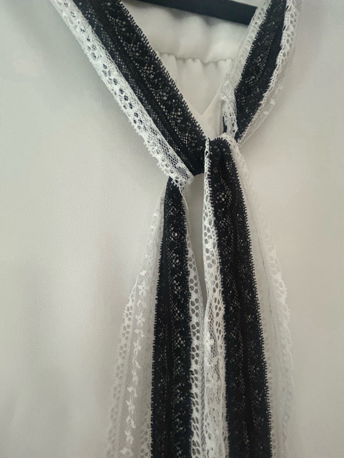Womens Sheer Chiffon Tie-Neck Blouse V-Neck Long Sleeve Lace Trim White