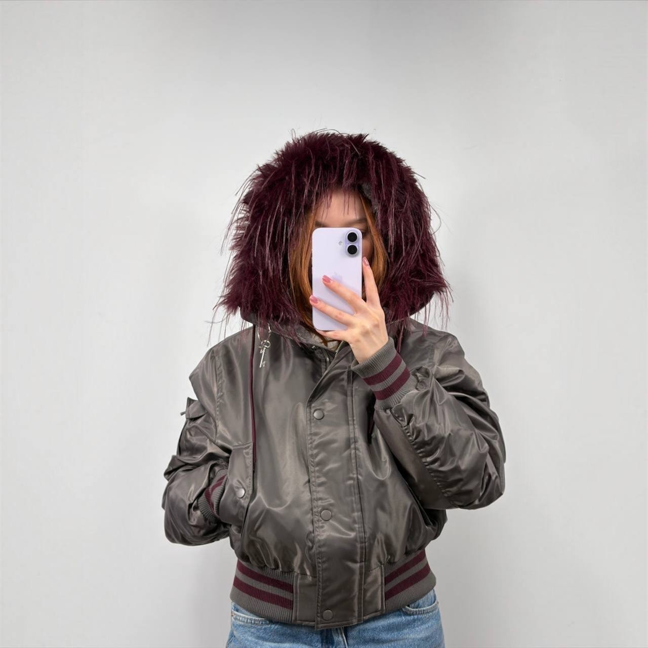 Rare Vintage Metallic Grey Cropped Bomber Burgundy Fur Trim Jacket
