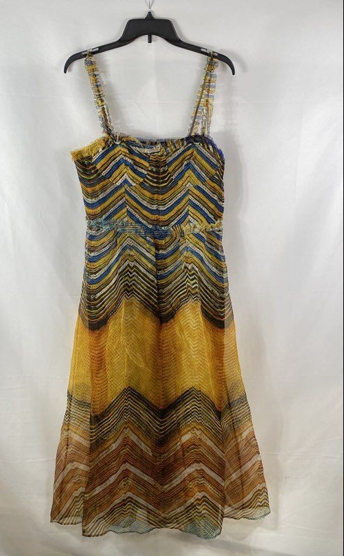 Ulla Johnson Women\'s Gisele Dress Golden Palm Silk Chevron Print Midi Sz 10 NWT
