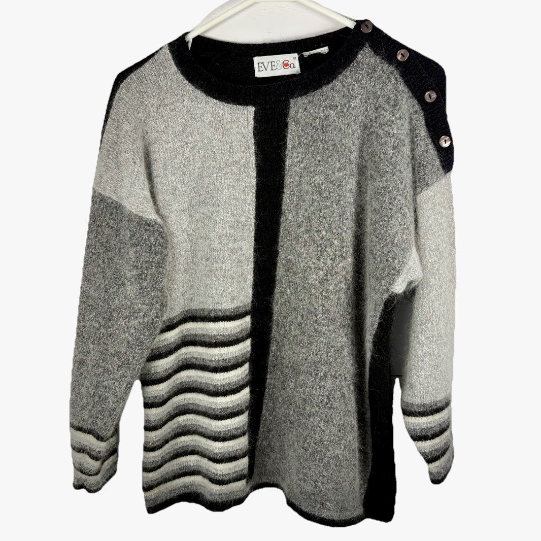 Vintage Eve & Co Angora Blend Sweater Patchwork Gray Black Soft Sz M/L 90s