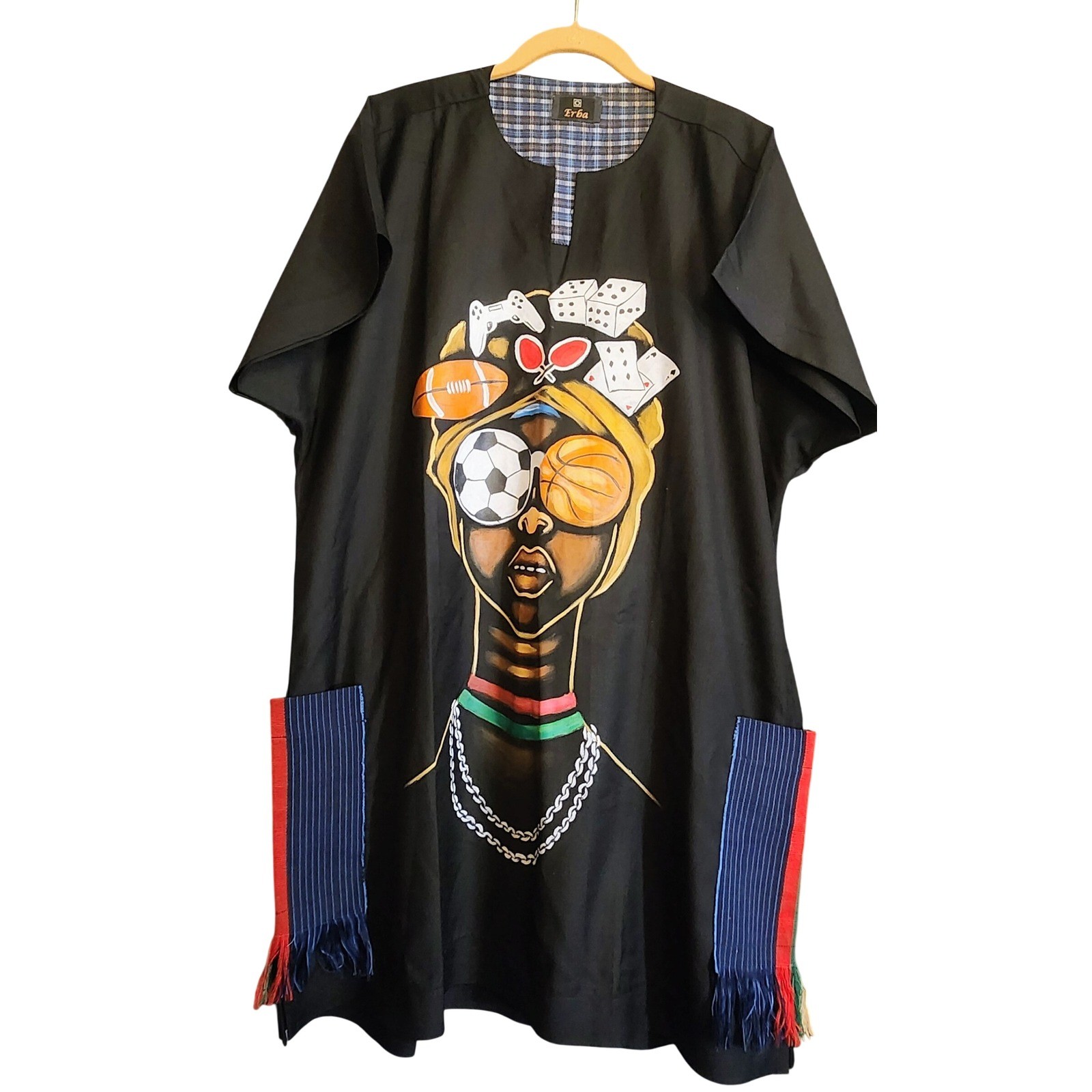 NWOT Erba Kaftan Tunic Womens OS Black Graphic Sport Gaming Fringe Boutique