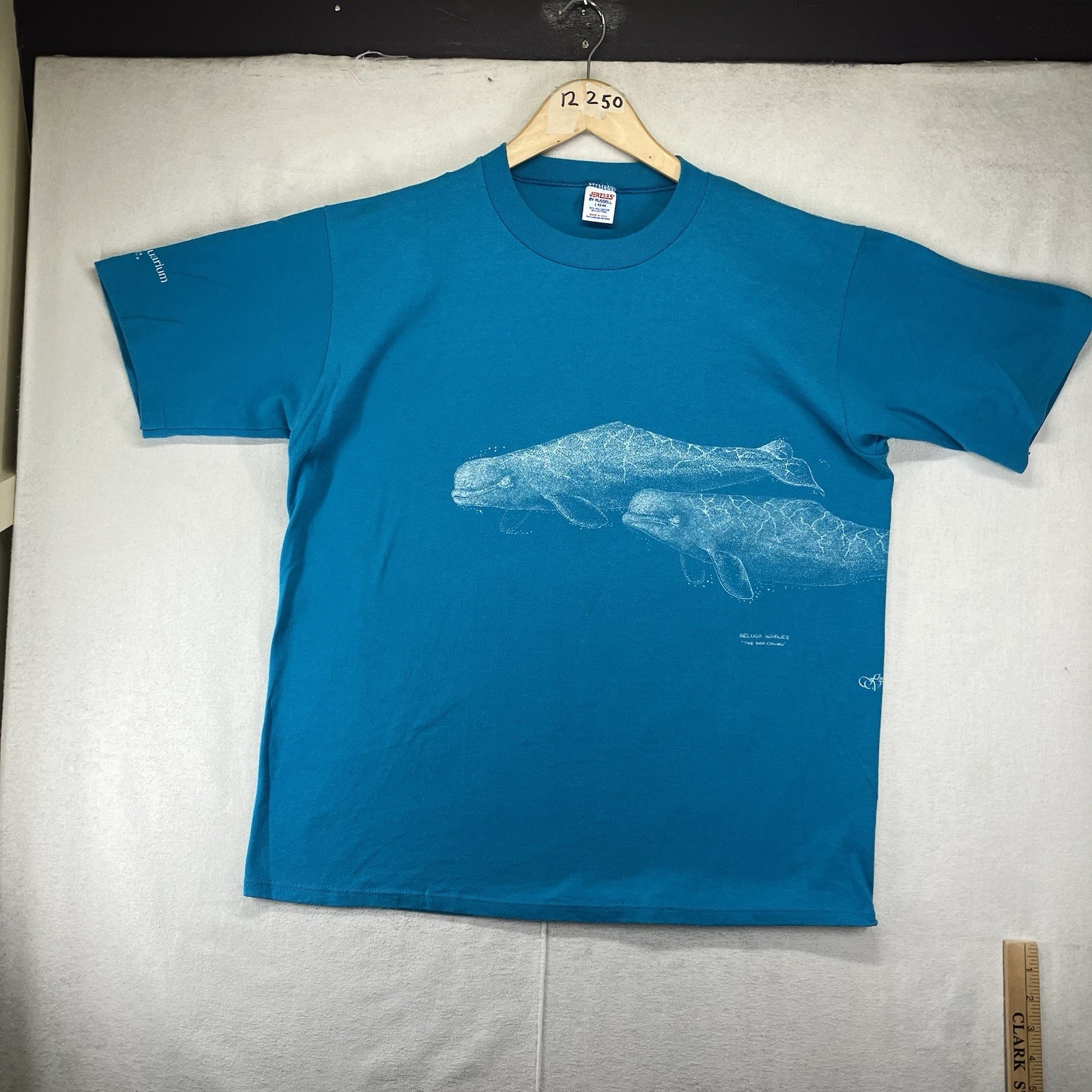 Random 80s VTG Single Stitch T Shirt Large Thin Aqua Beluga Whales Art USA