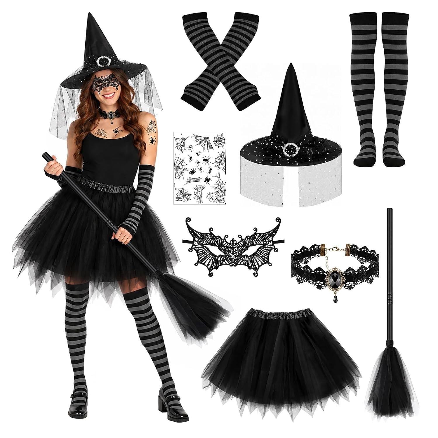 Yotako Witch Costume Women, 8 PCS Halloween Costume with Hat Tutu Broom Striped