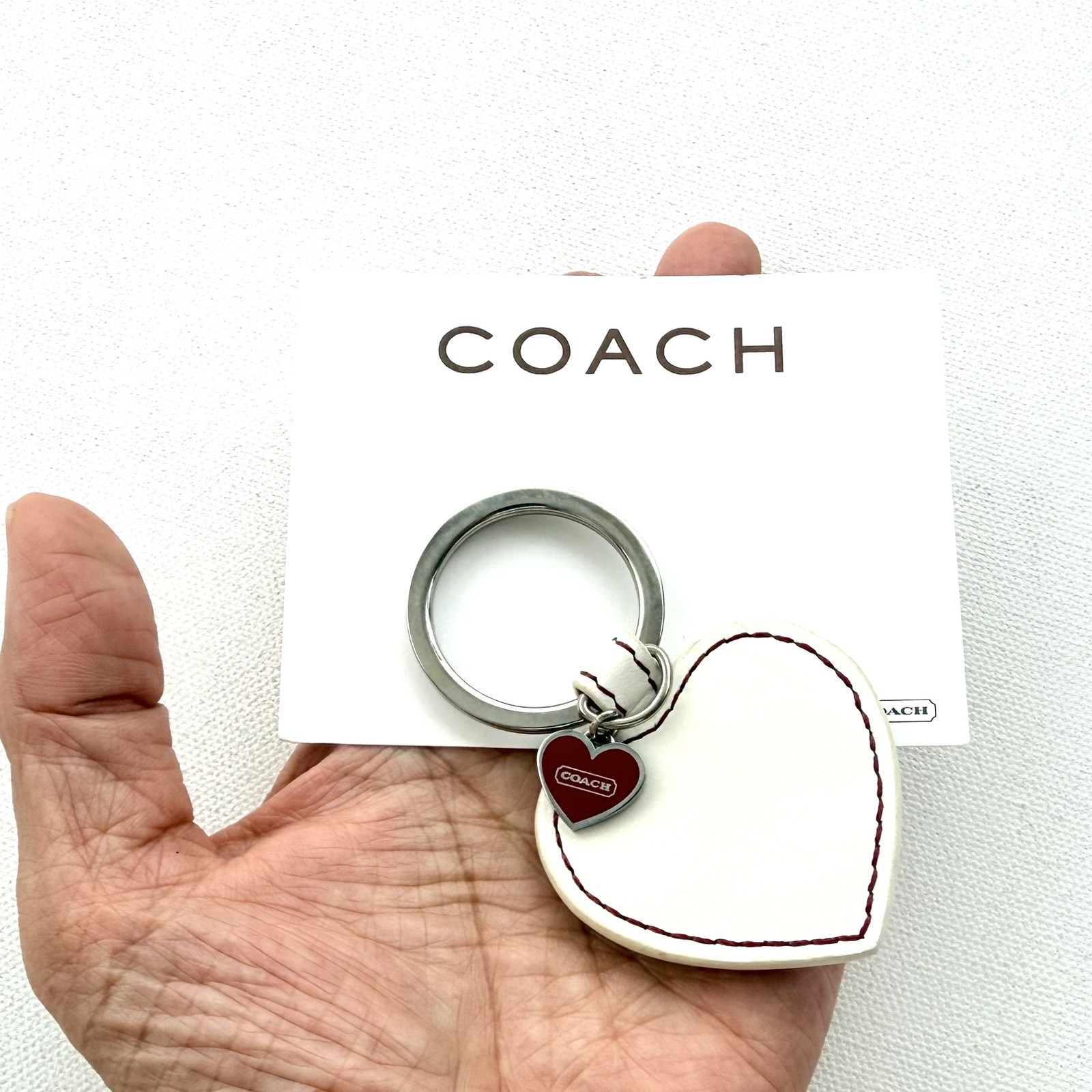 NWOT Coach Leather Heart Purse Charm Keychain FOB Chalk/Silver + Dust Bag