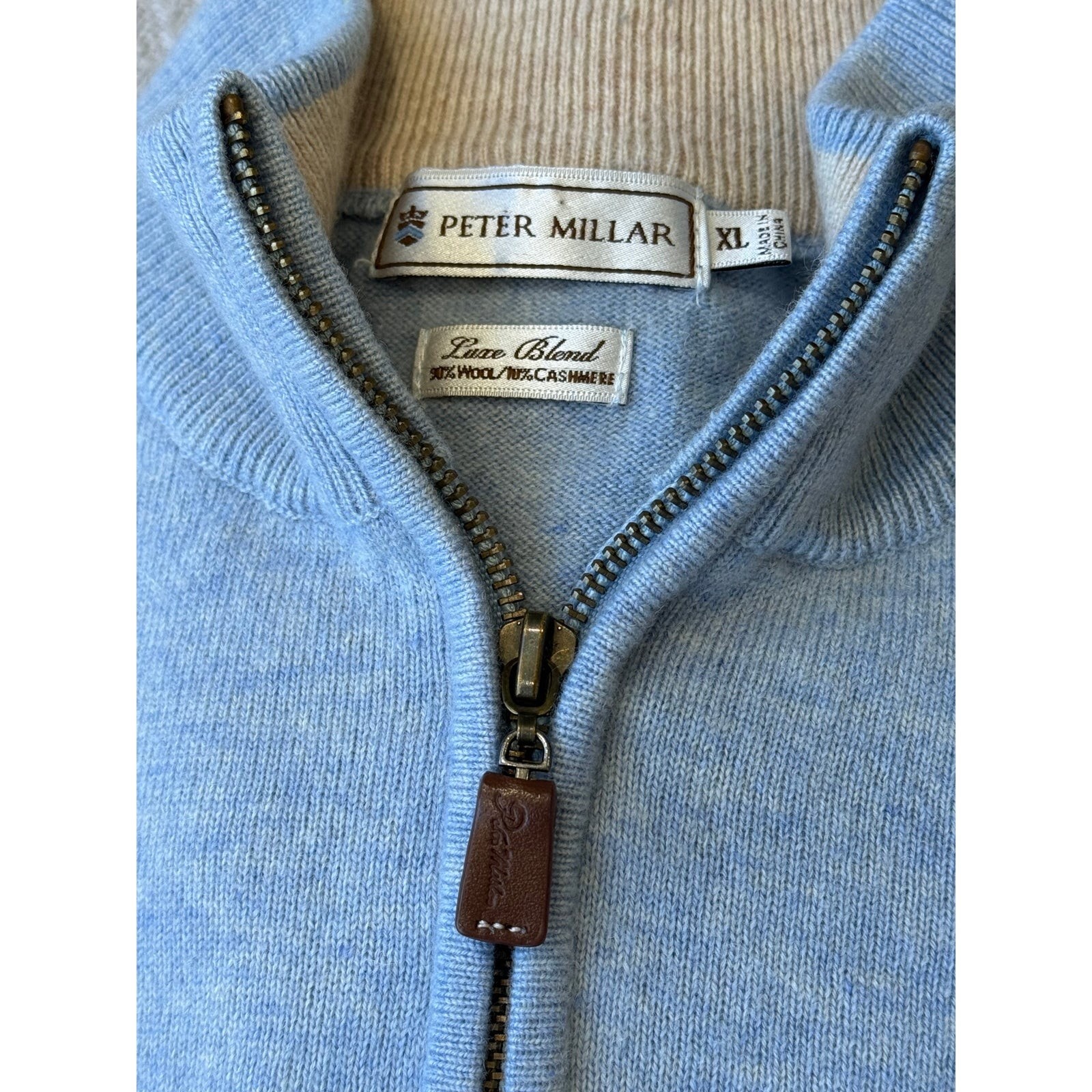 Peter Millar Mens Quarter Zip Sweater XL Light Blue Wool Cashmere Luxe Blend