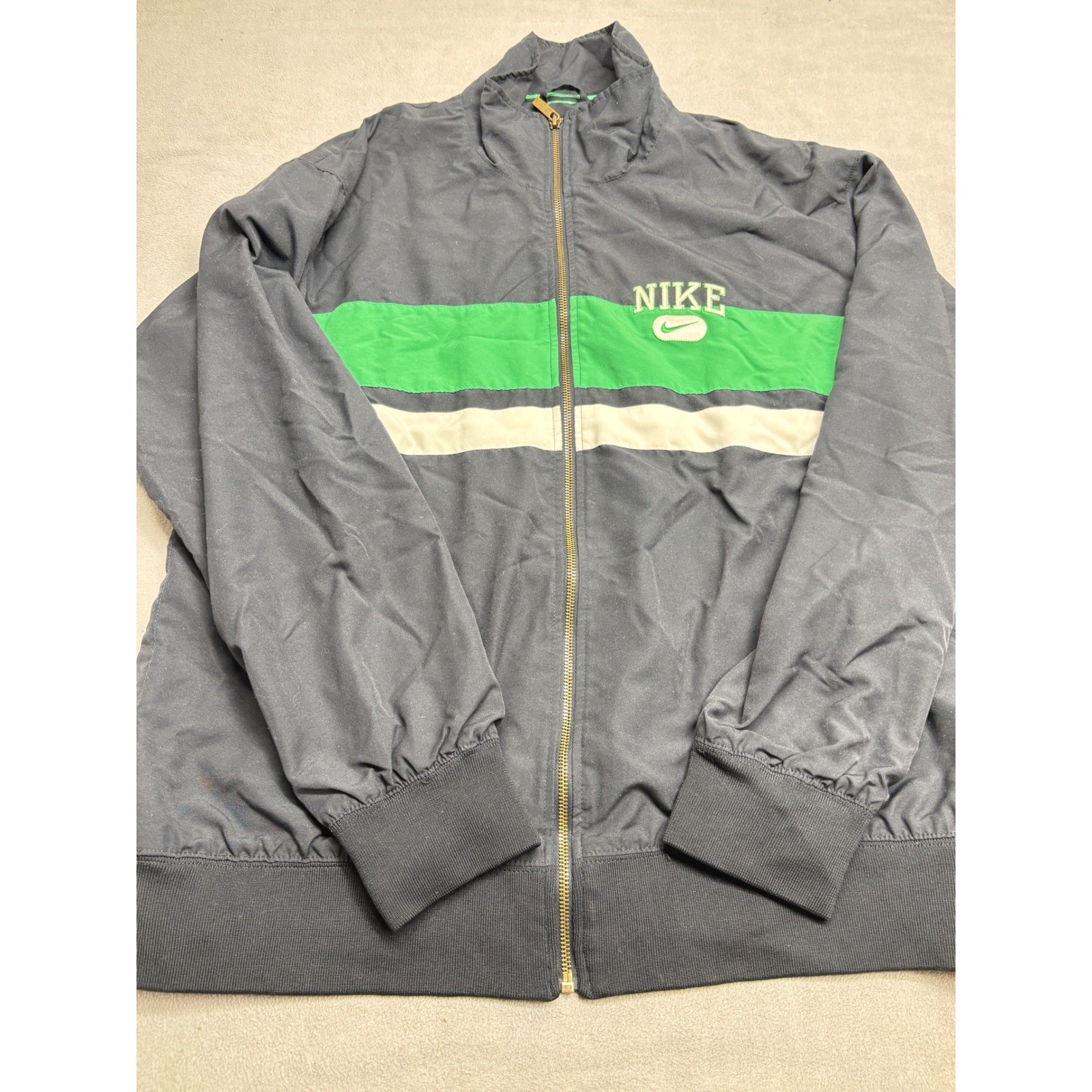 VTG Nike Mens XL Full Zip Track Jacket Grey Green Cream Striped Embroidered Logo