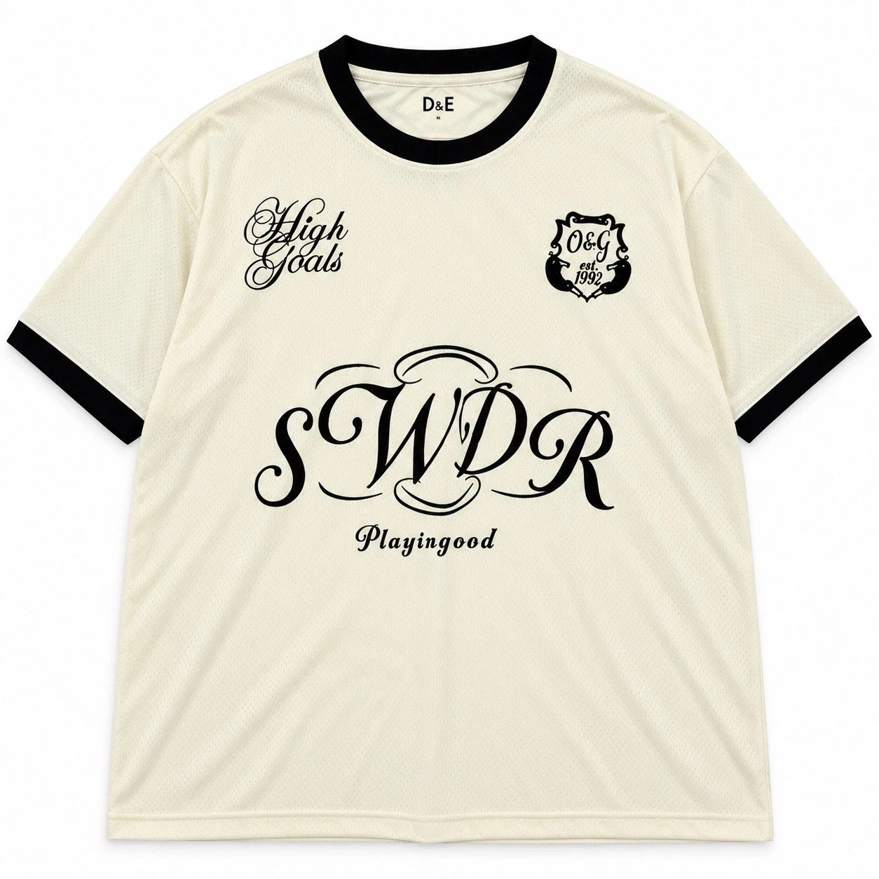 D&E Ringer Graphic Logo T-Shirt Beige/Black Crew Neck Short Sleeve