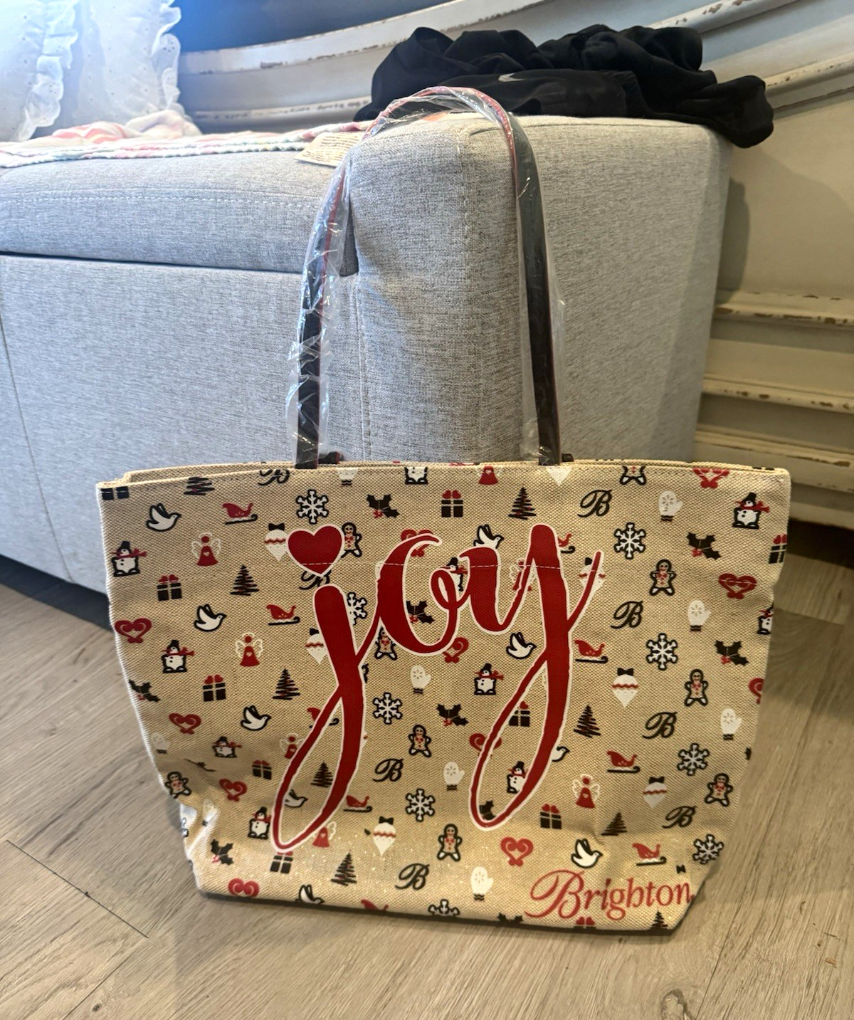 Brighton Large Canvas Christmas Tote Bag Beige Red Black w/ Zip Pouch Pockets