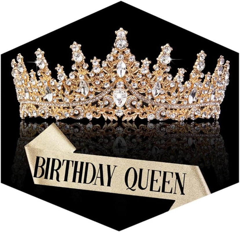 Fesciory Birthday Crown for Women, Gold Plated Crystal Tiara with Sash