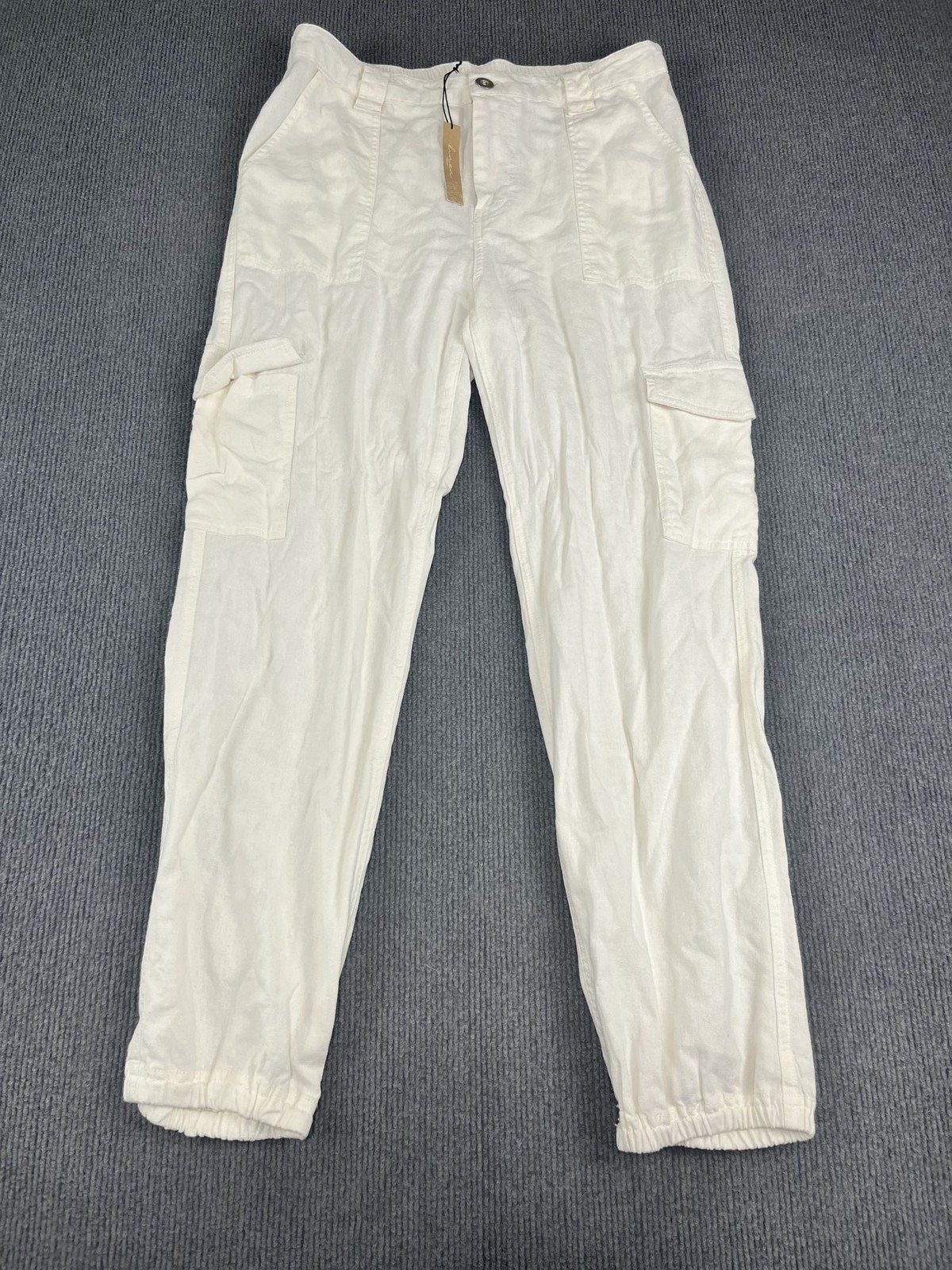 Love Tree Womens Cream Cargo Pants Elastic Cuffs L NWT
