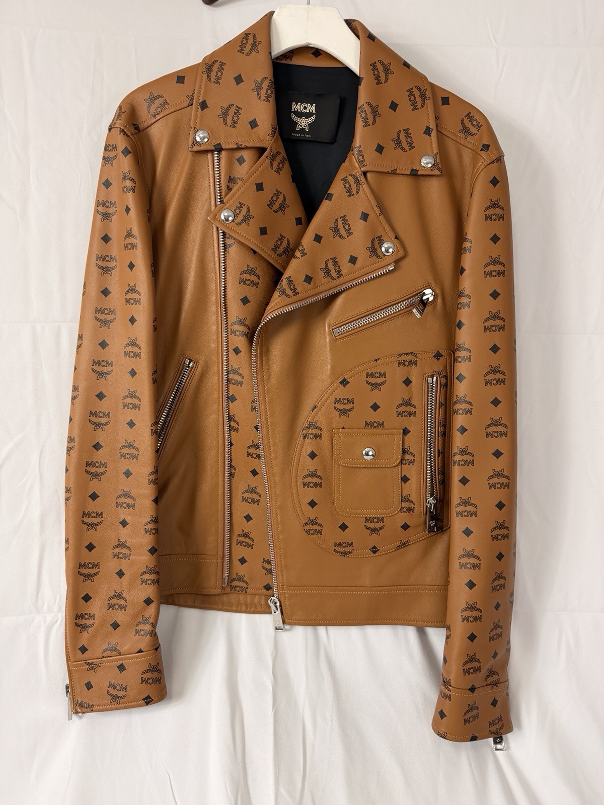 Rare MCM Biker Jacket Leather Cognac Authentic Visetos Monogram