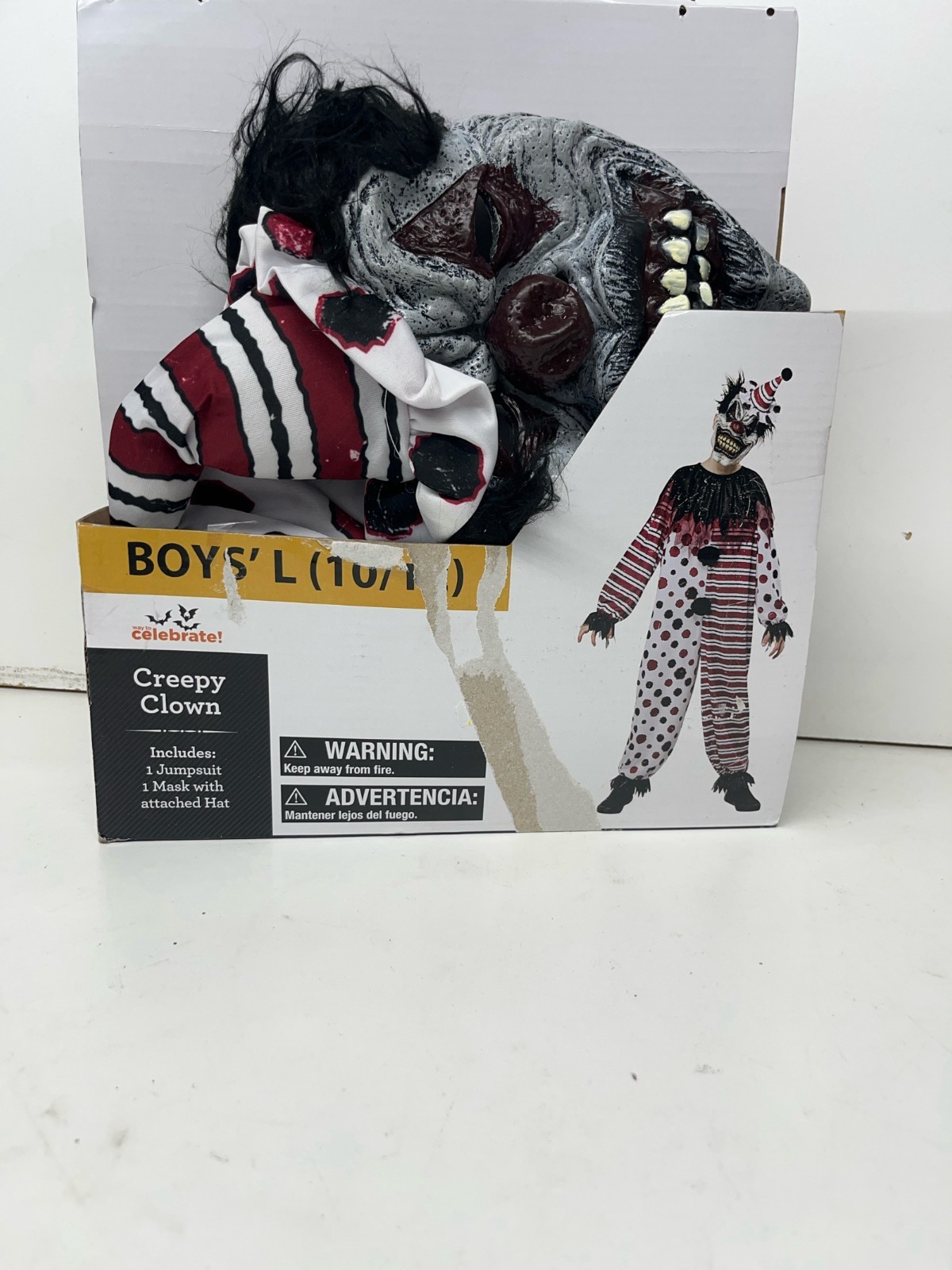 Boys Creepy Clown Halloween Costume Size L 10/1 Jumpsuit Mask Hat
