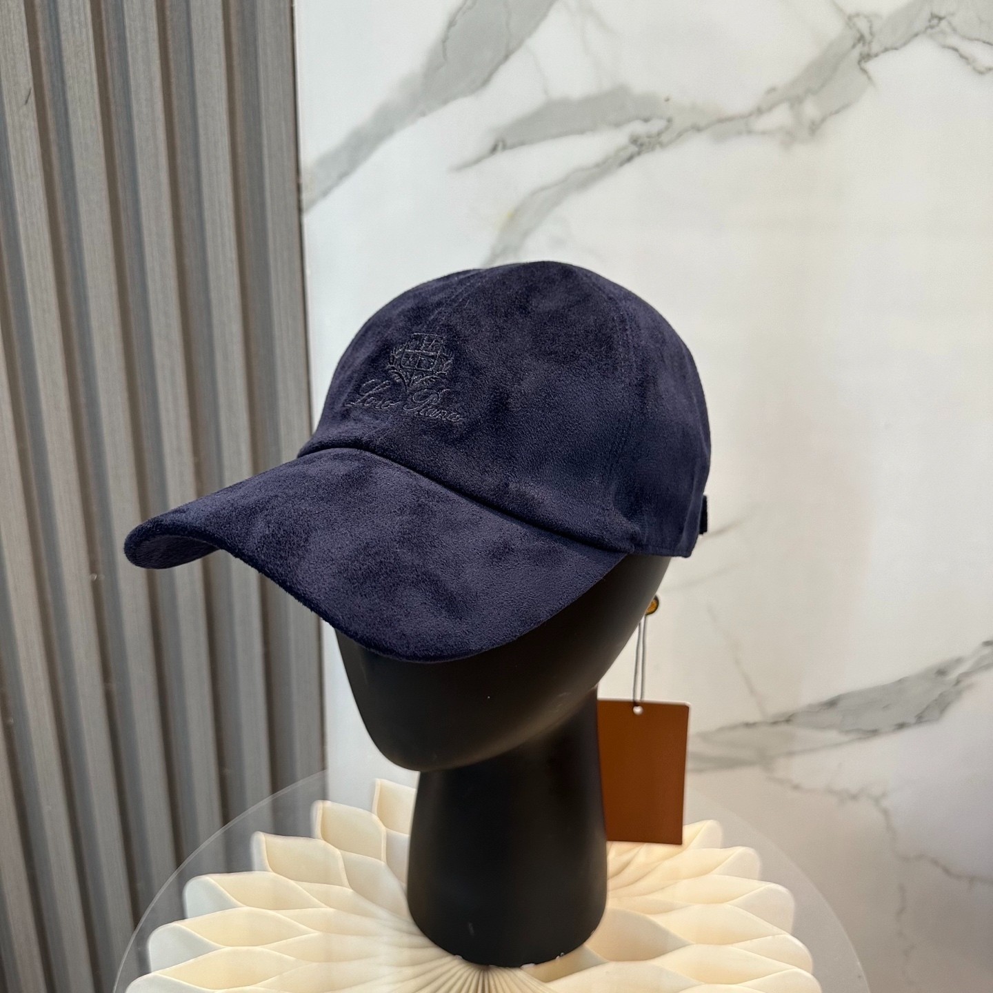 Loro Piana Navy Suede Baseball Cap Embroidered Logo Adjustable Strap Casual Hat