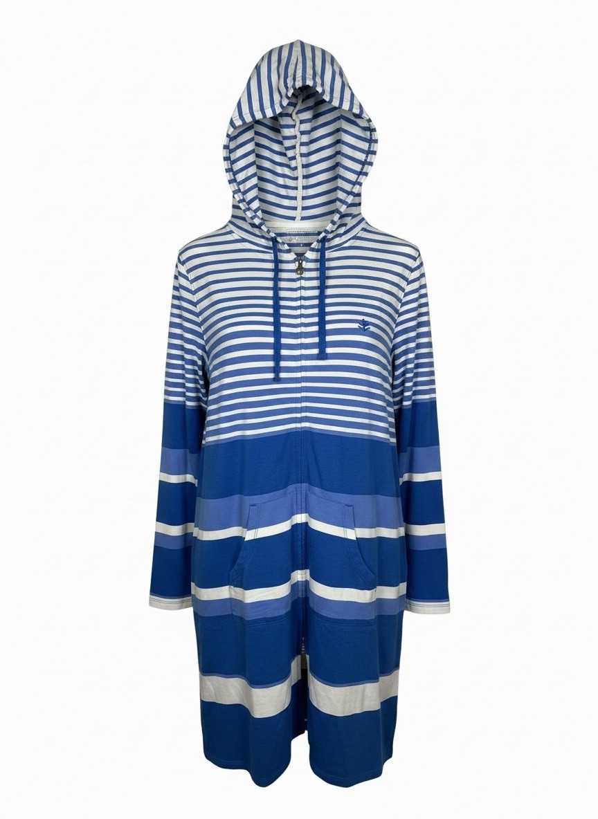 COOLIBAR Medium Blue Striped Cabana Full Zip Cover Up Hoodie UPF 50