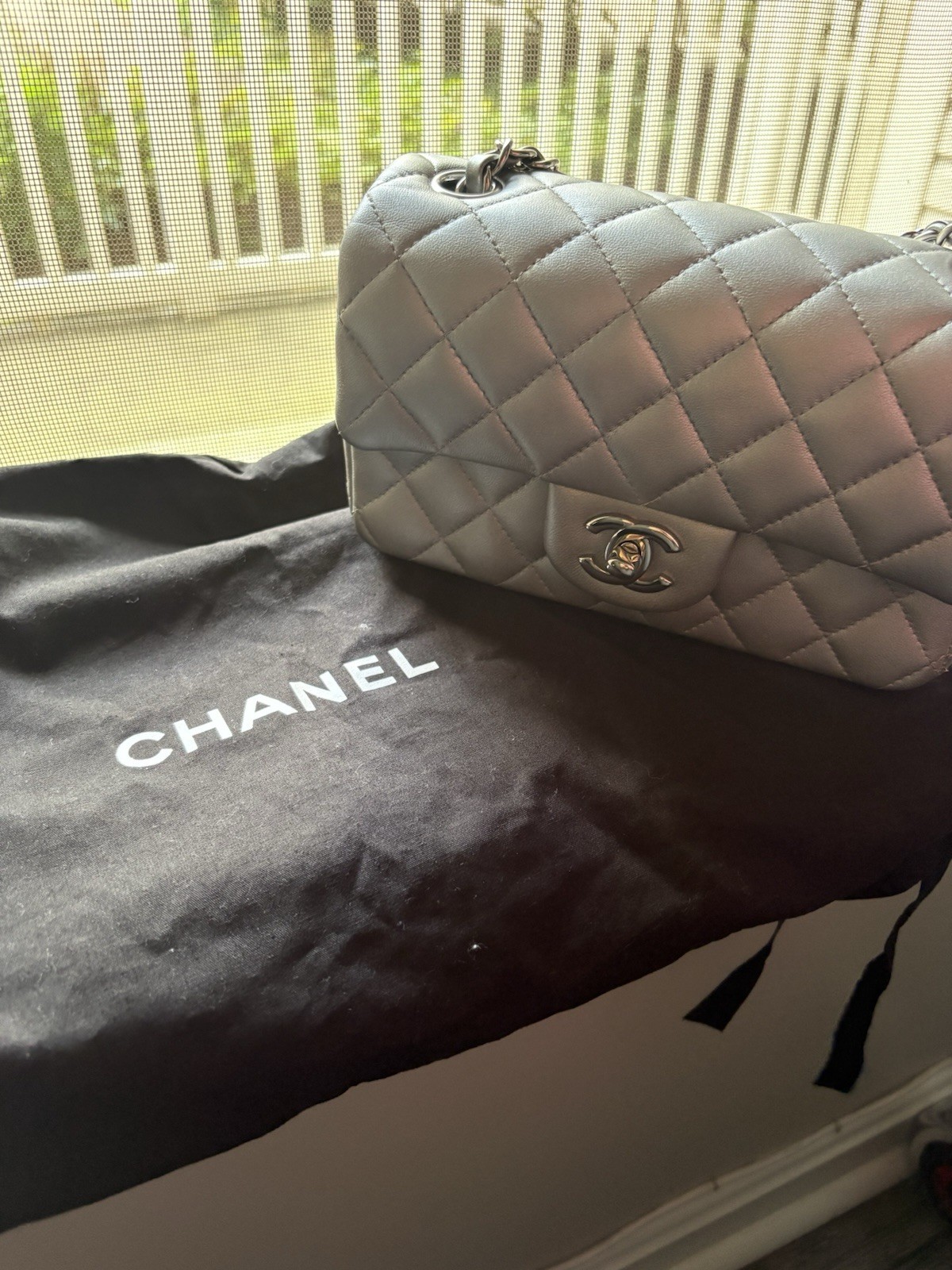 CHANEL Classic Flap Silver Quilted CC Turn Lock Chain Shoulder Bag w/ Dust Bag