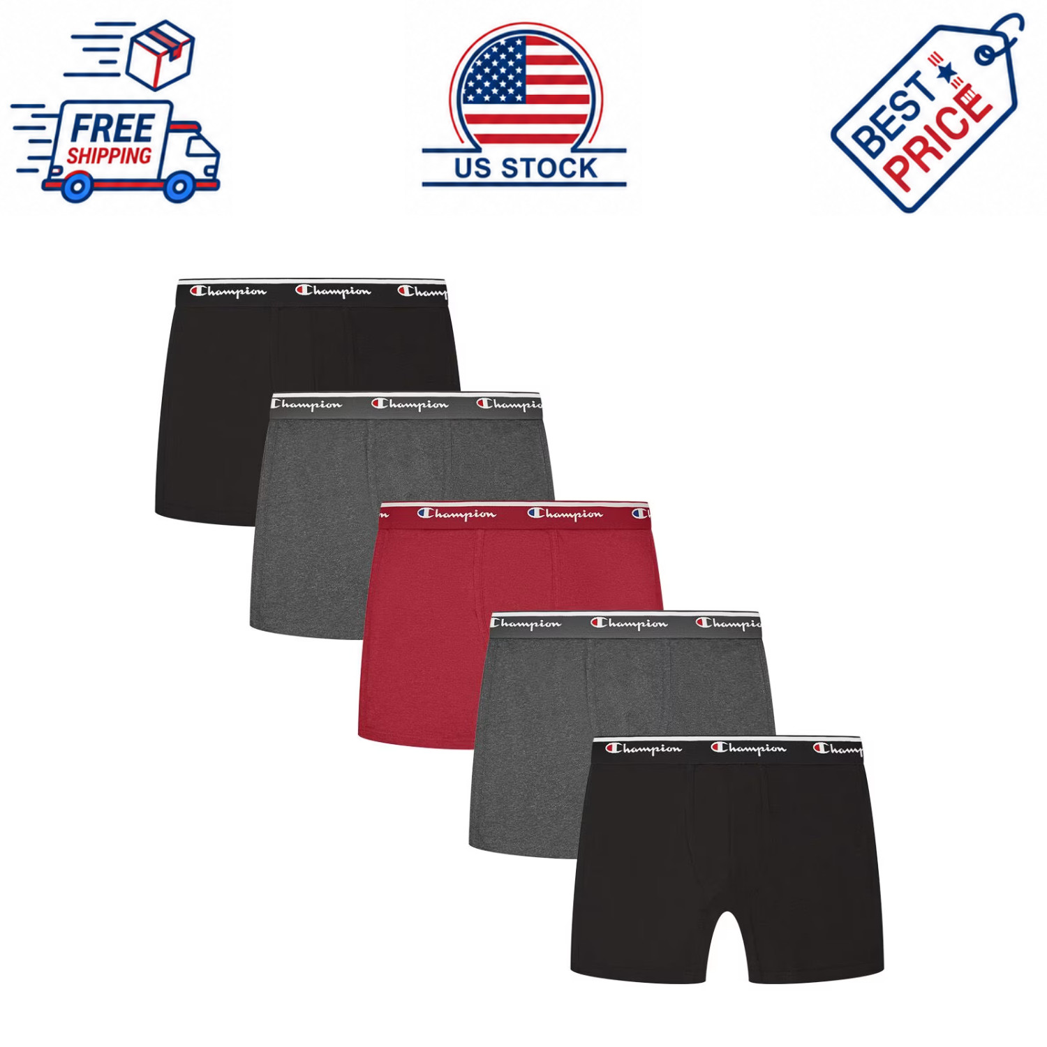 Champion Men\'s Cotton Flex Boxer Briefs 5 Pack, Sizes S-2XL, Tag Free Underwear