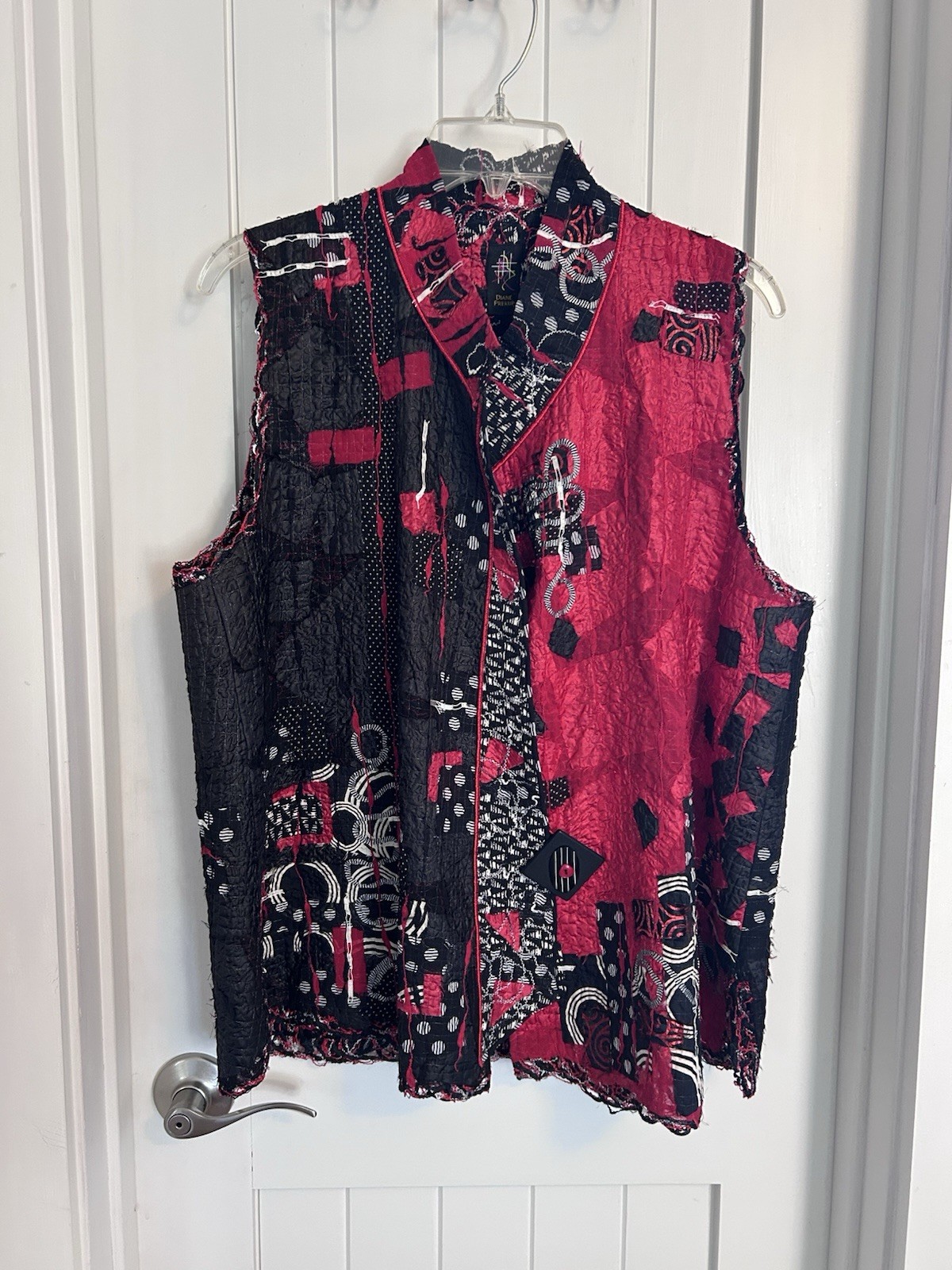 Rare Diane Prekup Red Black Handmade  Collared Vest Geometric Button Large Artsy