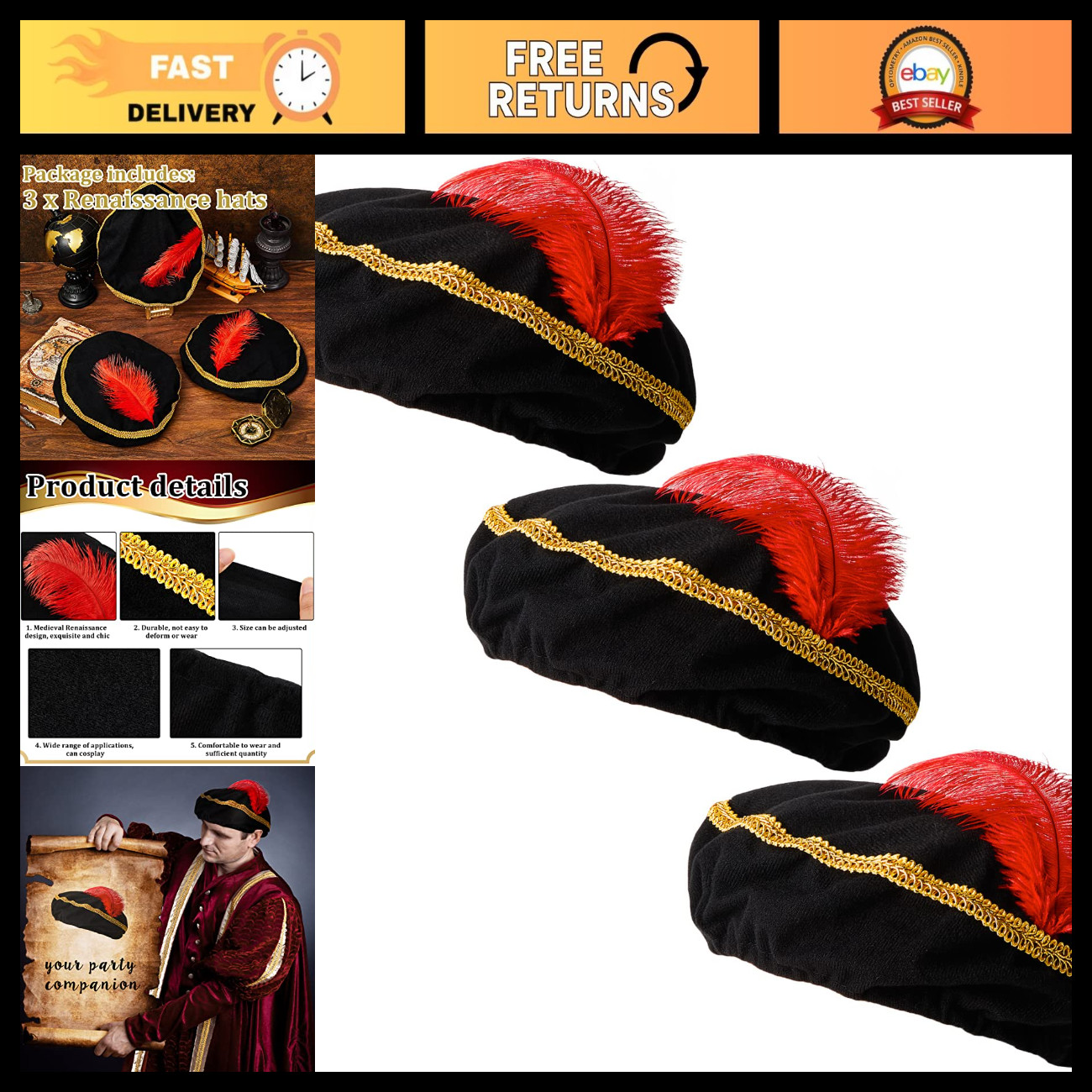 3 Pcs Medieval Renaissance Hat Set - Black Minstrel Cap with Red Feather