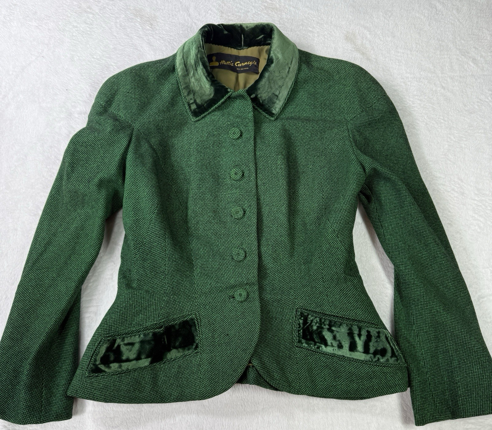 Vintage 50s Hattie Carneige Blazer Size XS Emerald Green Gabardine Jacket