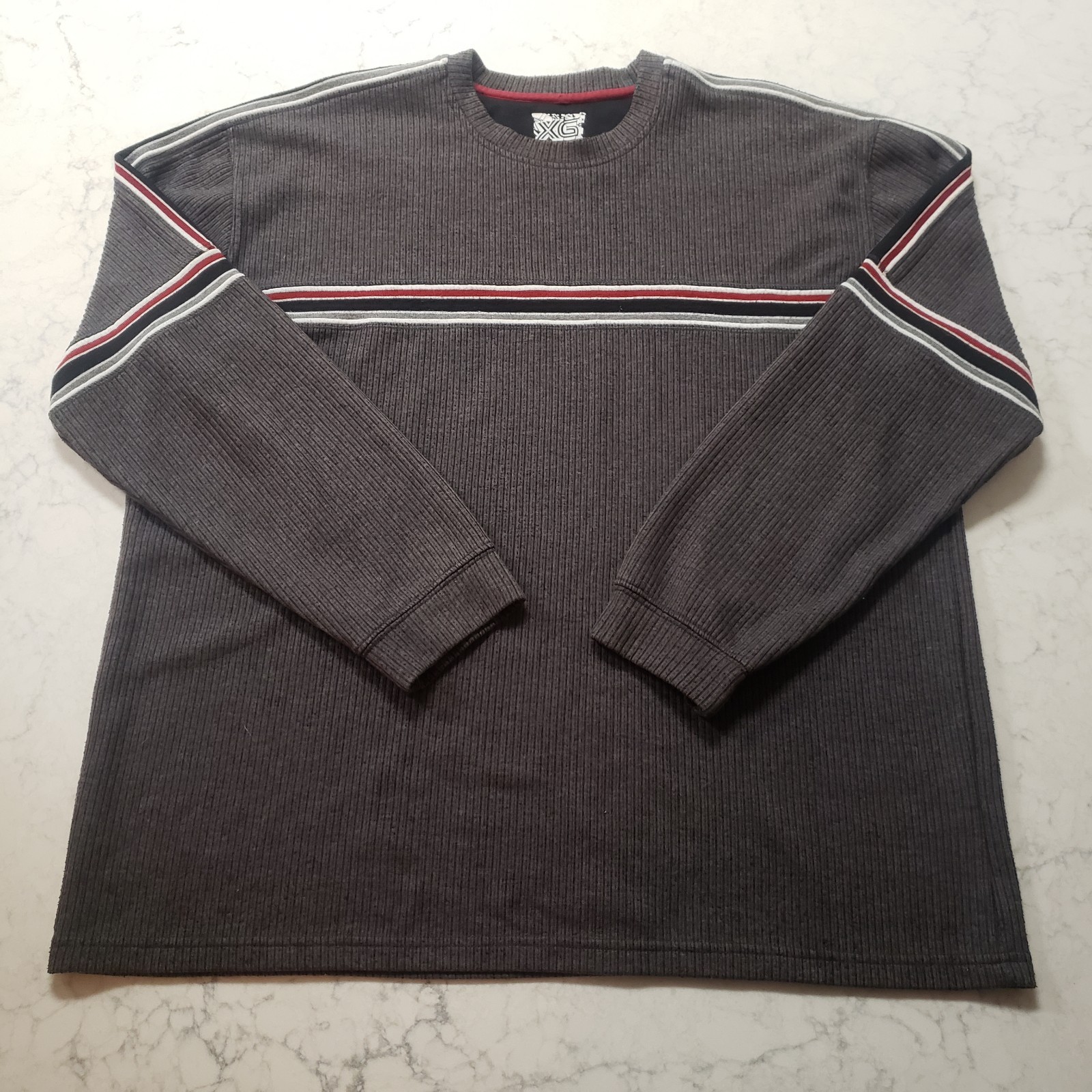 VTG Y2K Extreme Gear XG Sweater Mens XL Gray Striped Crewneck Knit Pullover