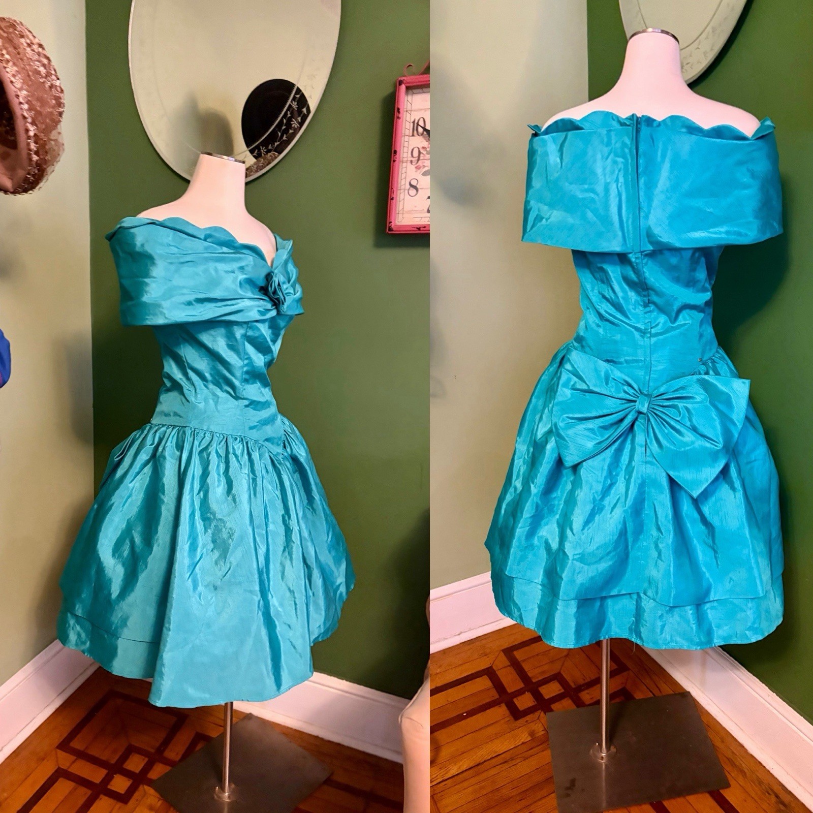Vtg 80s Green Satin Off Shoulder Ruffle Mini Tiered Princess Dress Tulle S 36