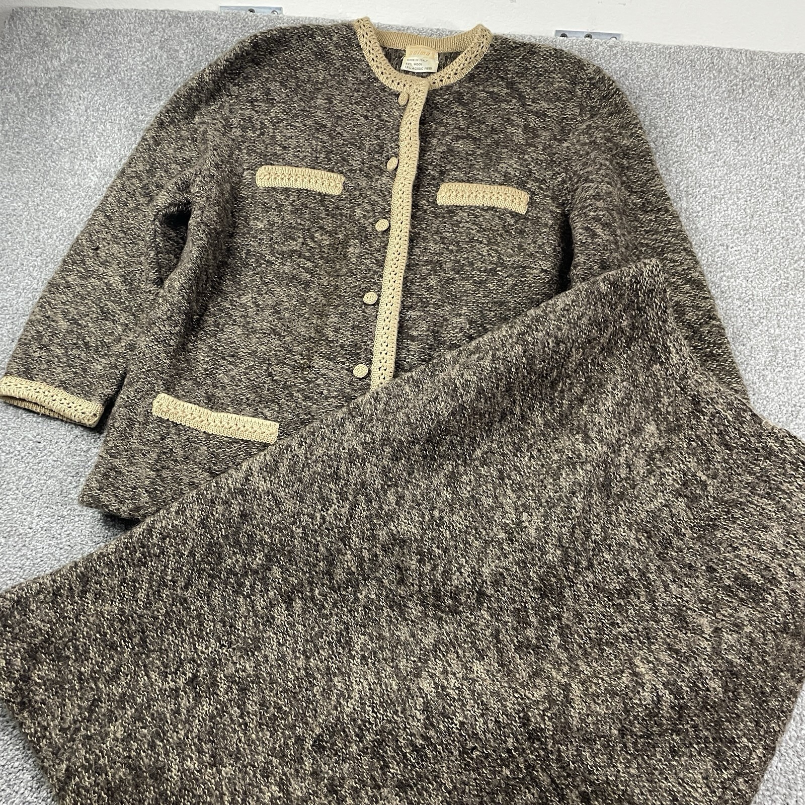 Selma Milano 60s True Vintage Wool Blend Sweater Cardigan Skirt Two Piece FLAWS