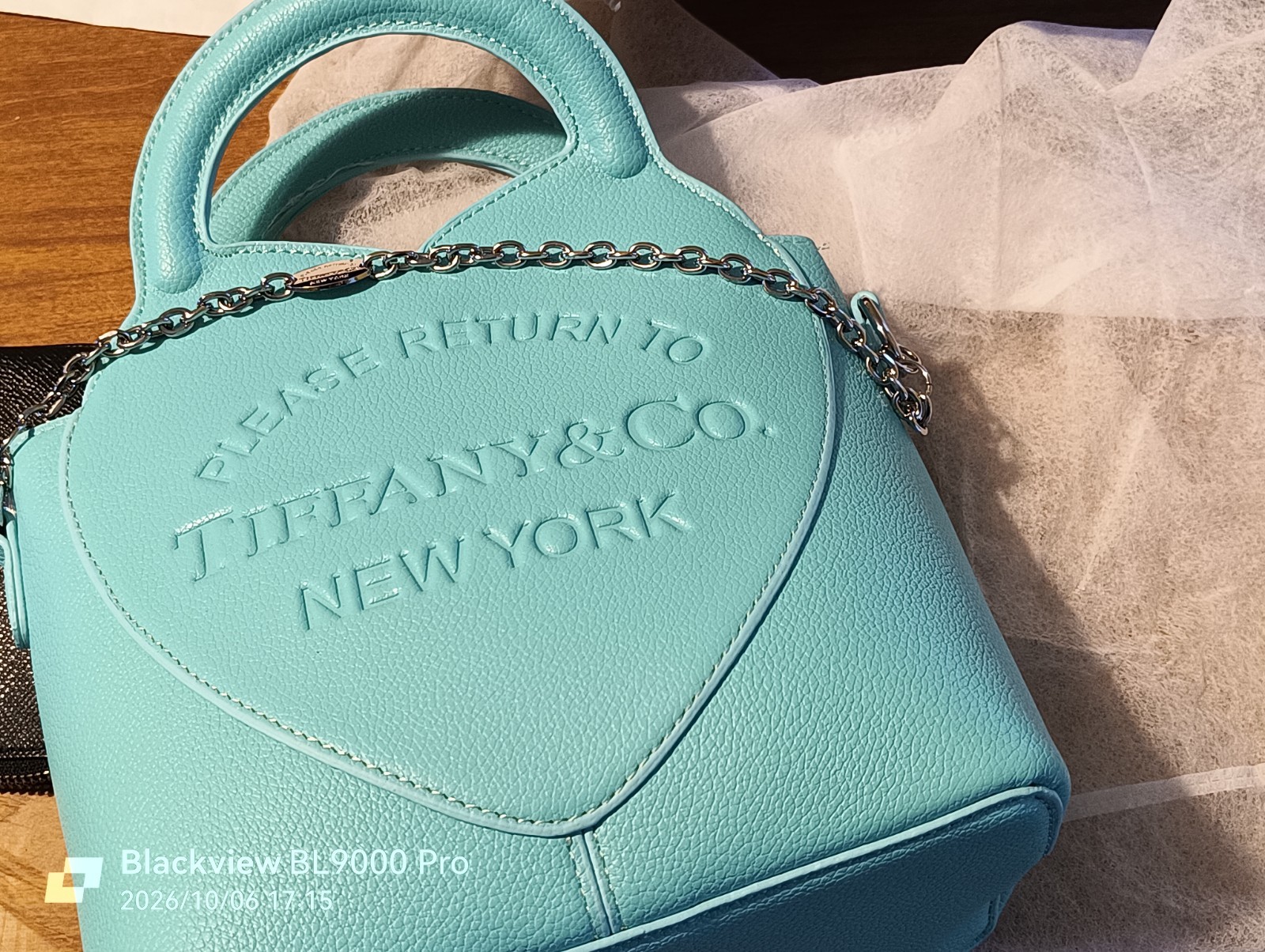 Tiffany & Co Please Return To Heart Blue Pebbled Leather Bag Chain Strap Zip