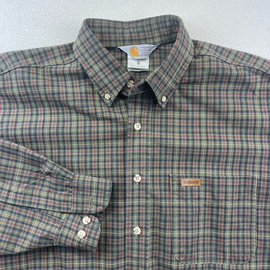 Vintage Carhartt Button Down Shirt Men\'s L Regular Green Plaid Cotton USA 2002