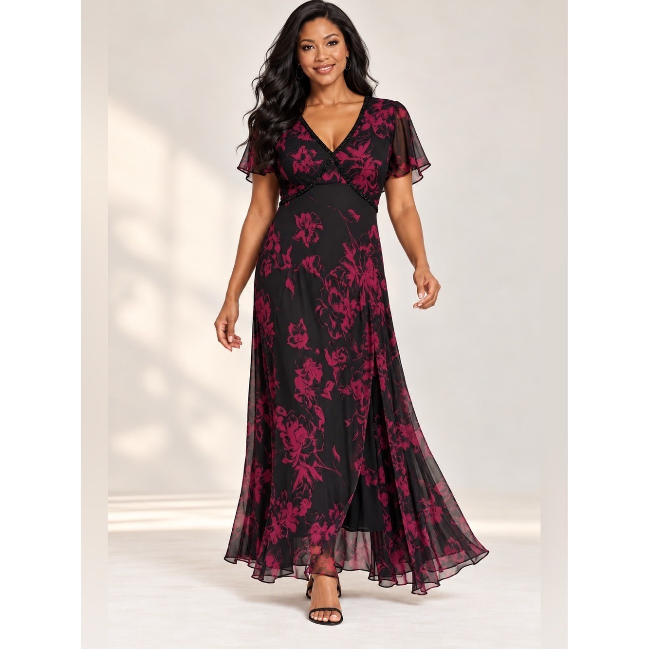 Vintage Bella Blue Dress Size 10 Black Cranberry Floral Beaded Maxi NWT
