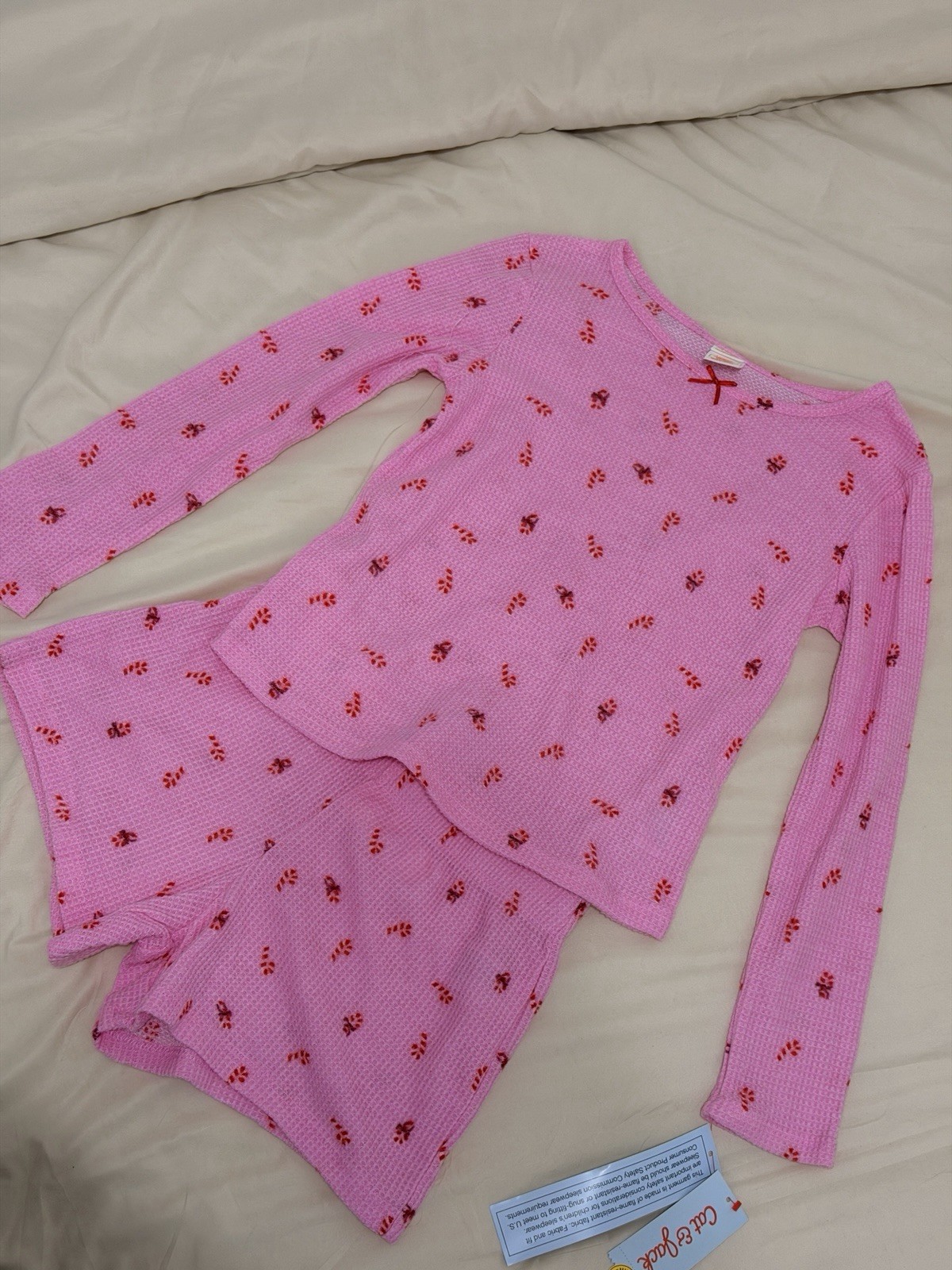 Cat & Jack Pink Waffle Knit 2pc Girls Pajama Set Long Sleeve Top & Shorts L