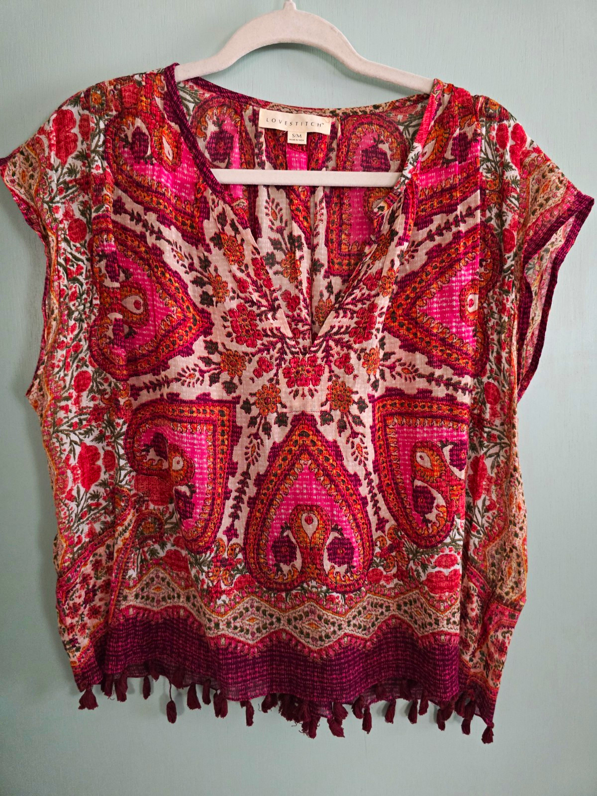 Lovestitch Womens Pink Paisley V-Neck Cap Sleeve Tassel Hem Blouse S/M