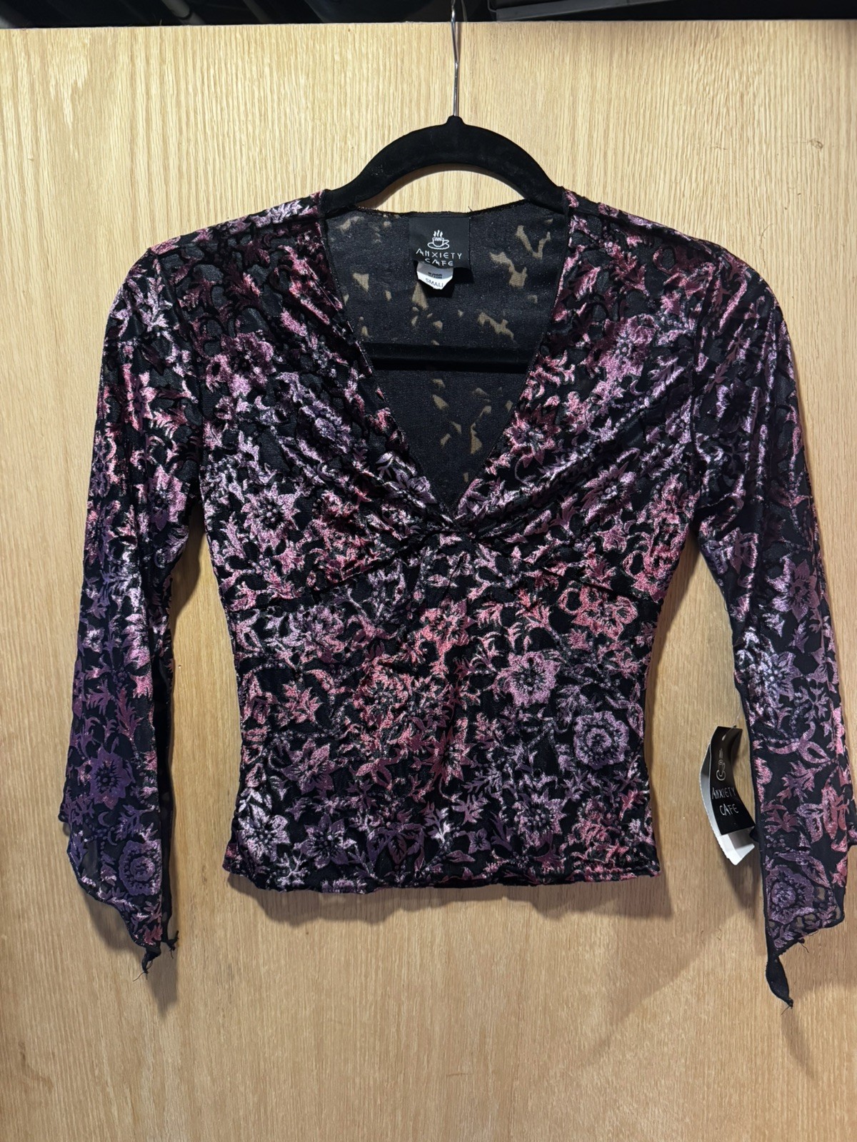 Anxiety Cafe Black Purple Burnout Velvet Sheer Top Sz S y2k deadstock vintage 