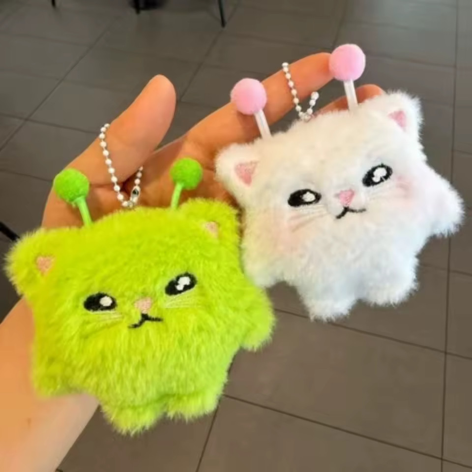 2PCS Fluffy Alien Cat Plush Keychain Cute Stuffed Animal Backpack Charm