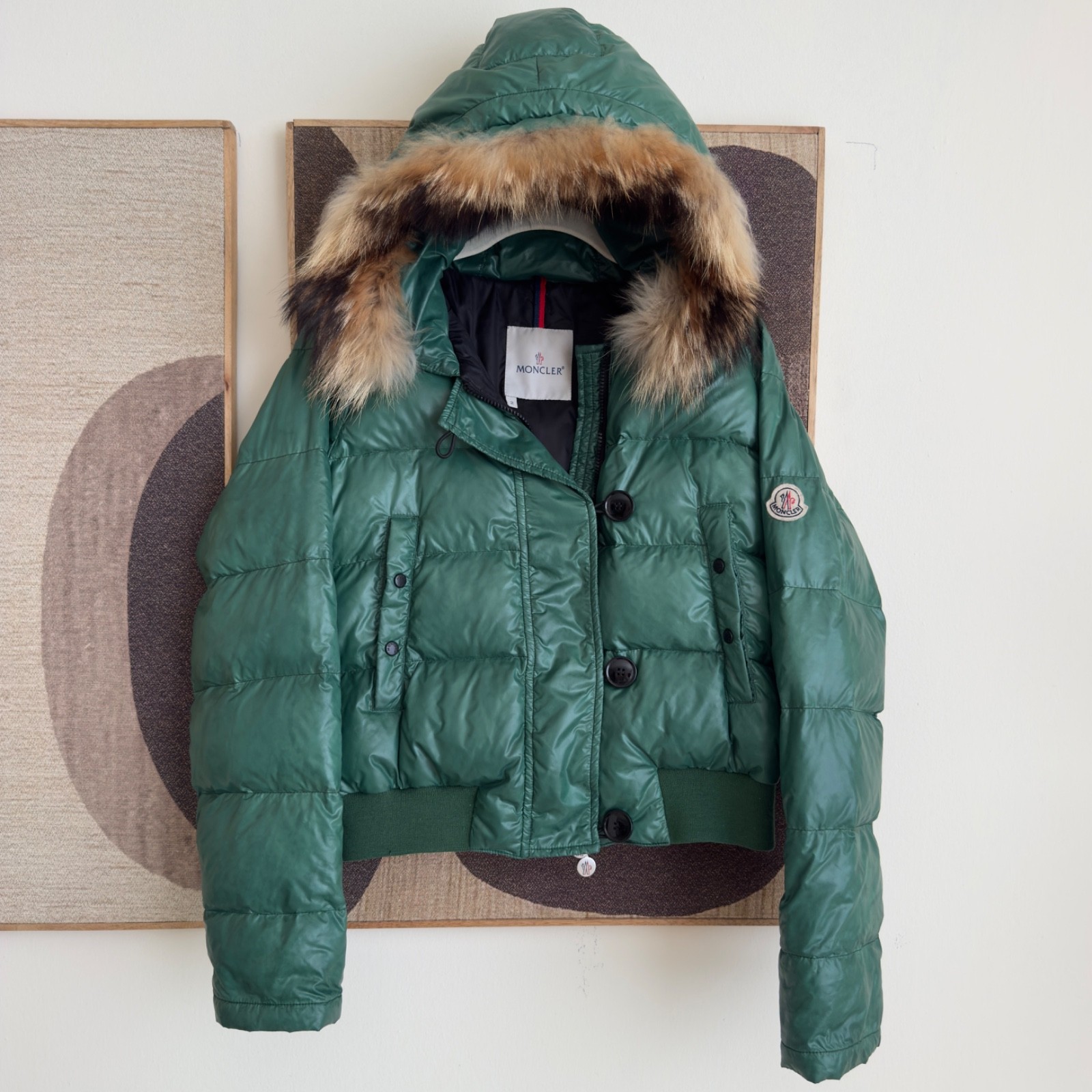 Vintage Moncler Green Fur Hooded Down Puffer Jacket Size 2 M Bomber Coat