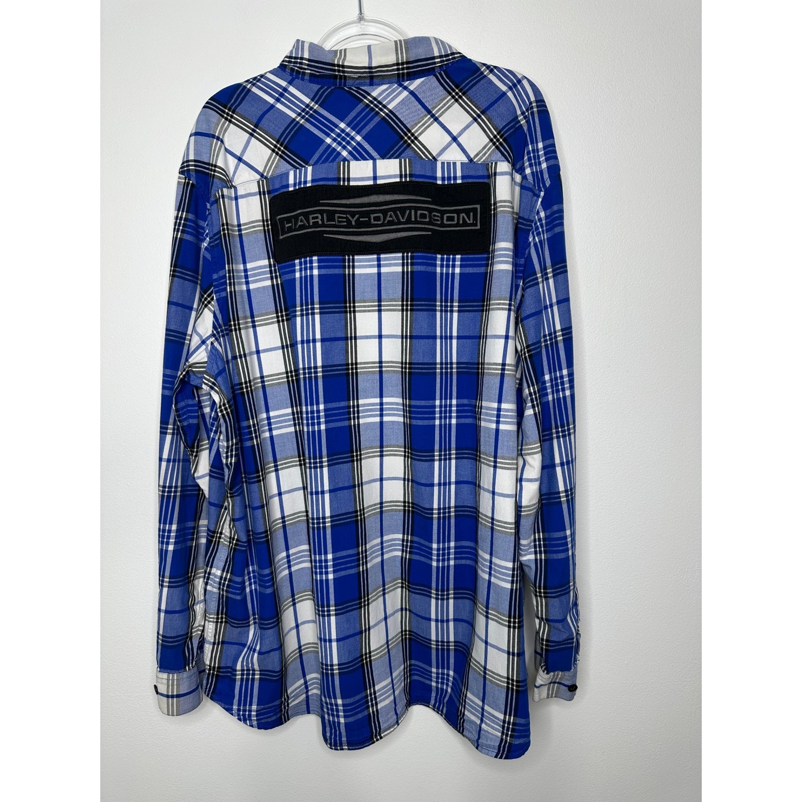 Harley Davidson Plaid Button Down Shirt 3XL Blue White Long Sleeve Logo Patch