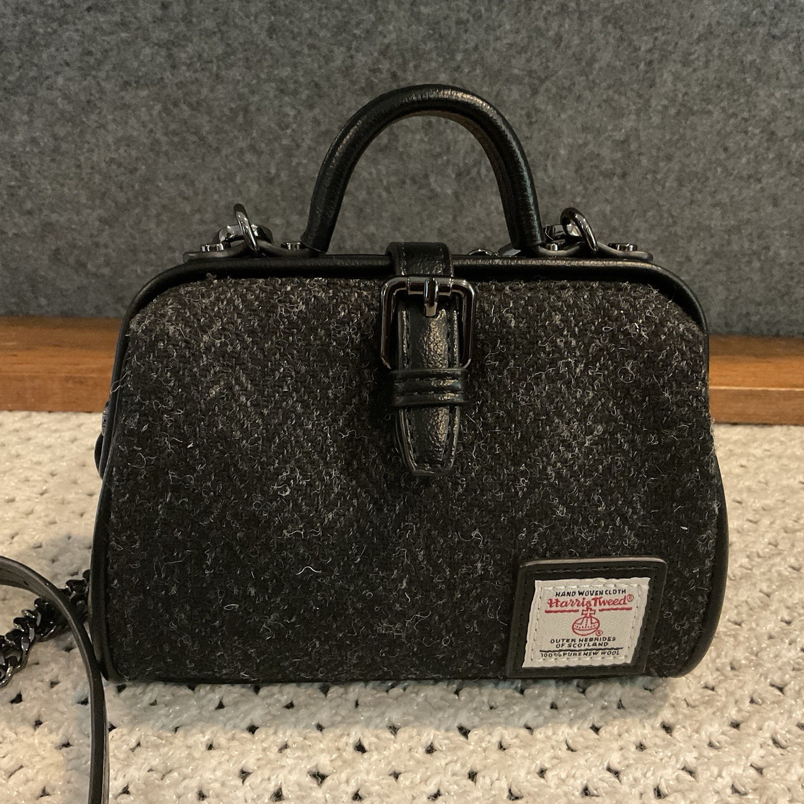 Islander Harris Tweed Wool Black Herringbone Mini Satchel Crossbody Bag NWT