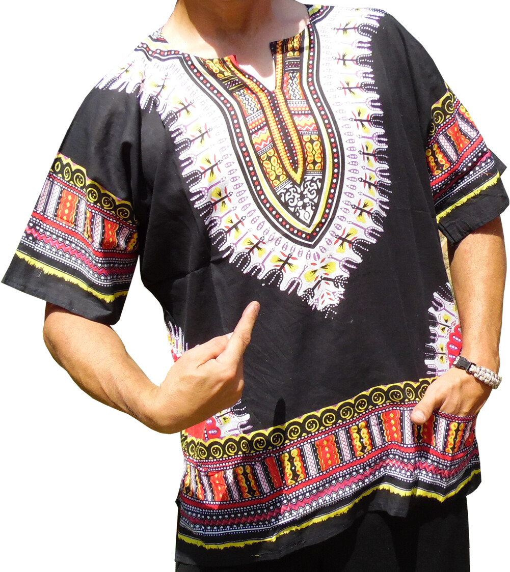 Mens Traditional Print Black Dashiki by American Dashiki in 100% Comfort Cotton