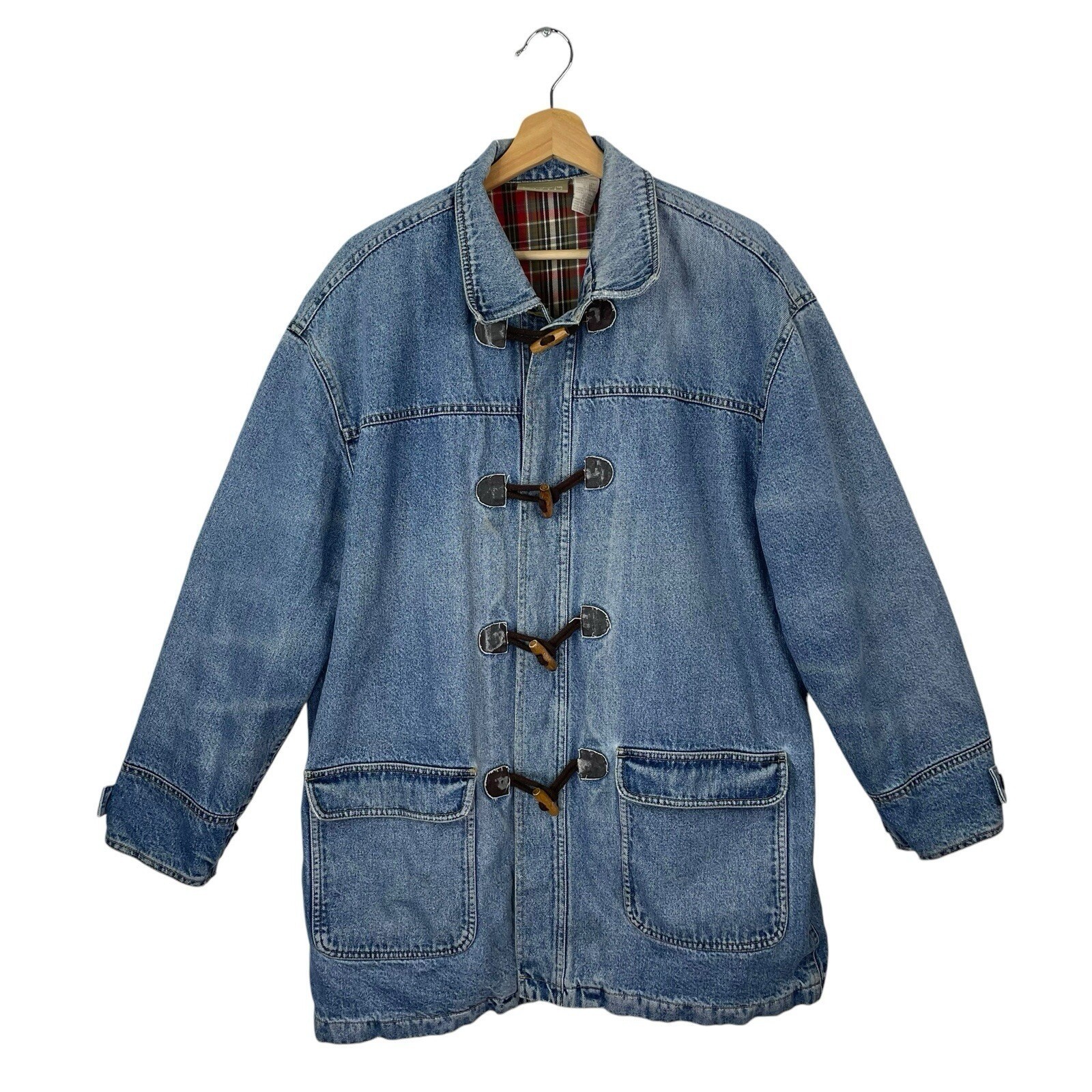 VTG Liz Clairborne Denim Jacket Chore Coat Toggle Close Plaid Lined 80s/90s Sz L