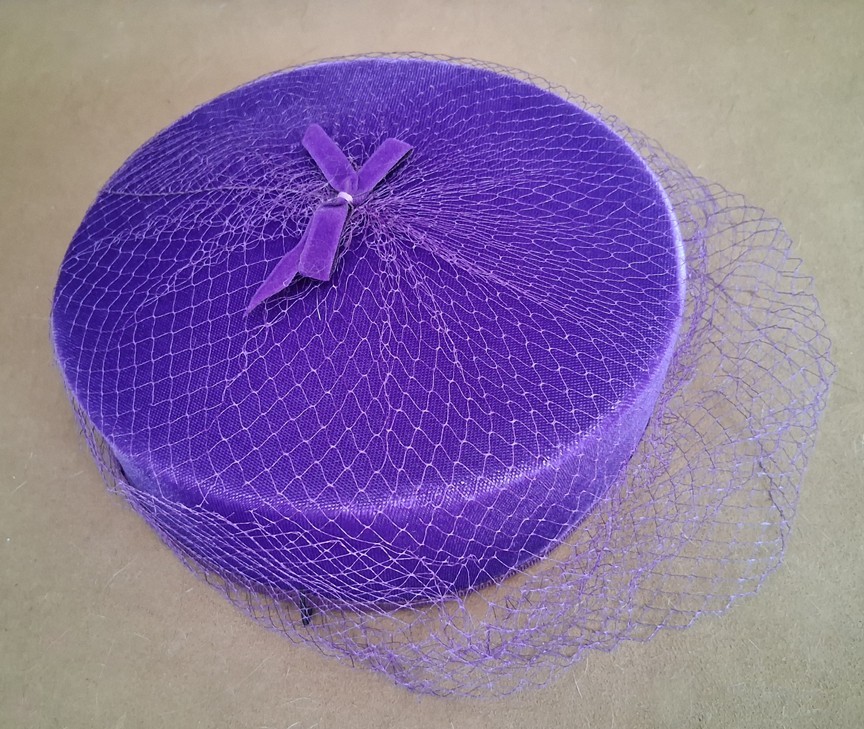 Chic Vintage Royal Purple Velvet Pillbox Hat with Veil & Bow 60s Retro