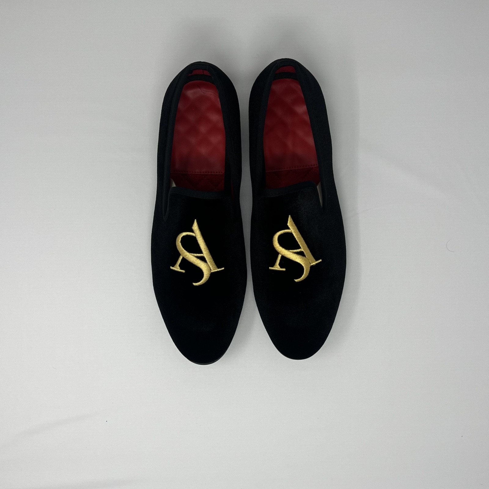 Rare One-of-a Kind Custom Black Velvet Gold Monogram slippers loafers