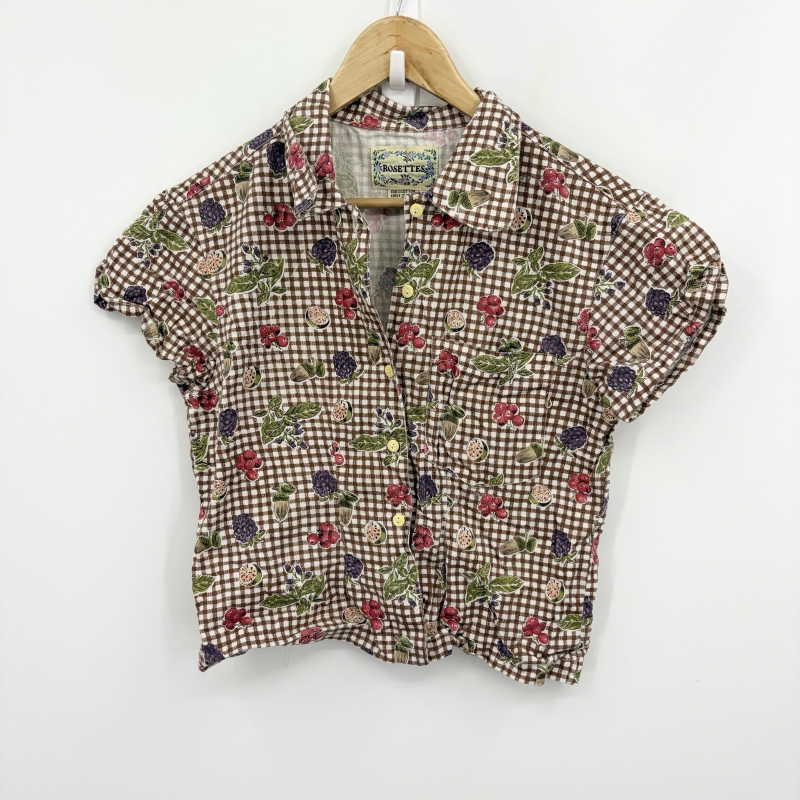 Vintage 90s Fruit Embroidered Novelty Print Top Medium Gingham Cottage Twee Crop